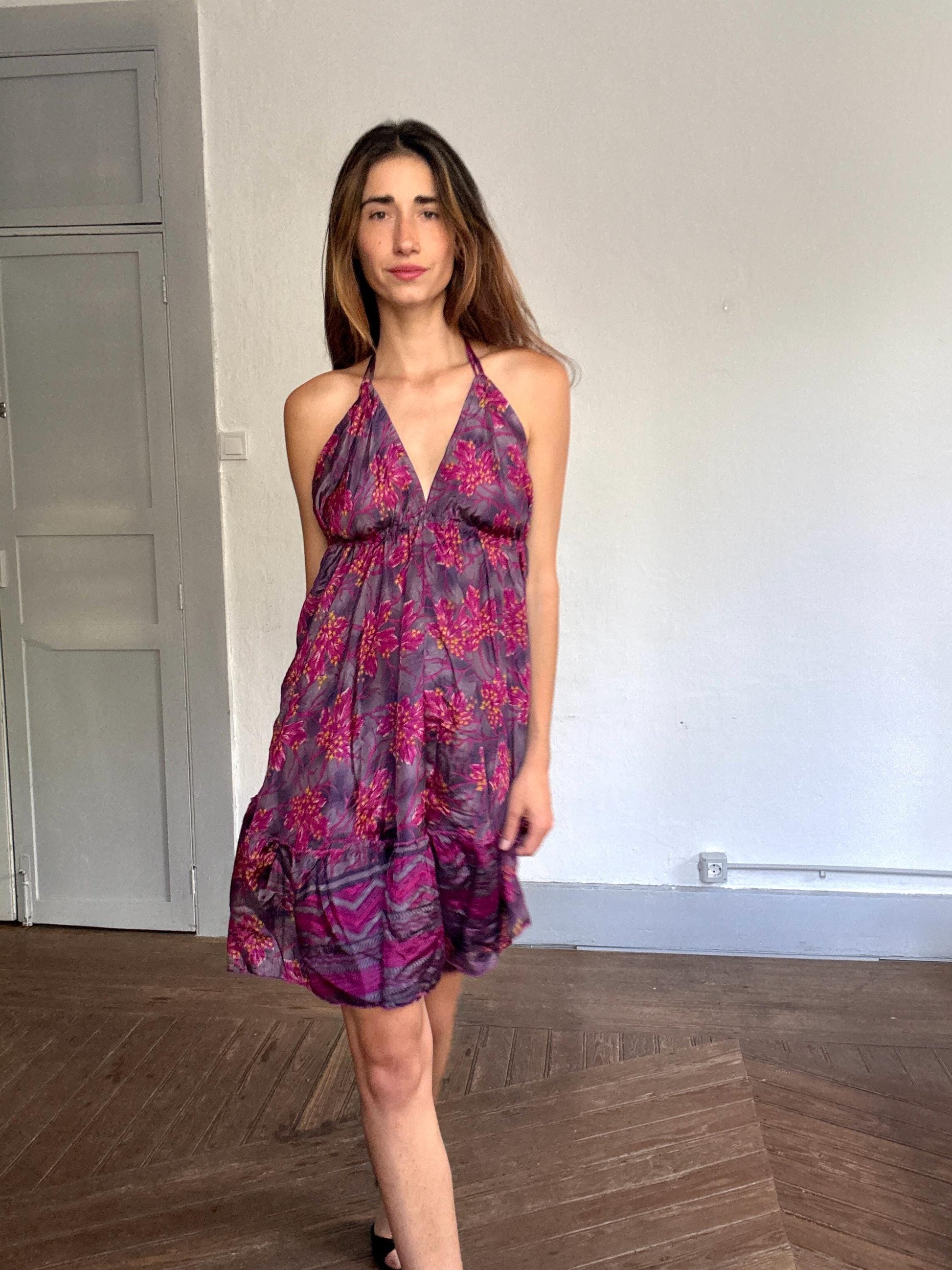 Boho Open Back Floral Halter Dress – 70% Silk, Y2K Festival Look, Size S-M
