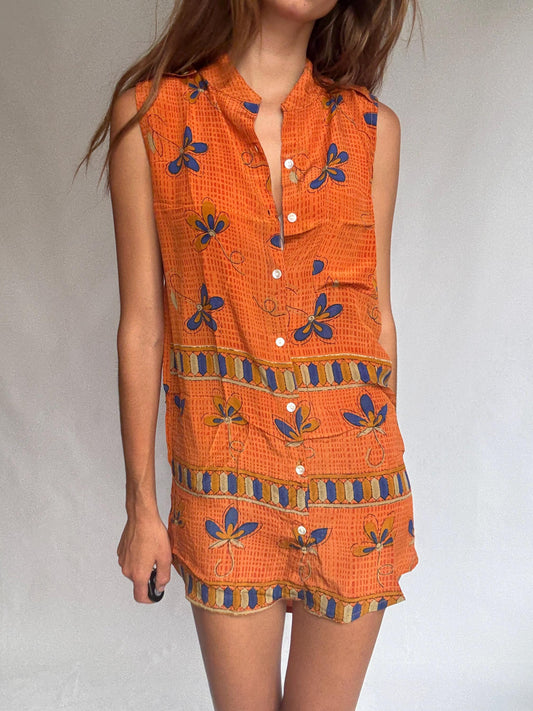 Vintage 100% Silk Dress in Bold Orange & Blue – Made in India – Size S/M