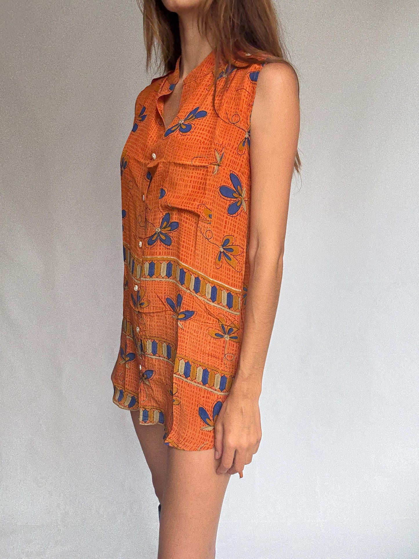 Vintage 100% Silk Dress in Bold Orange & Blue – Made in India – Size S/M