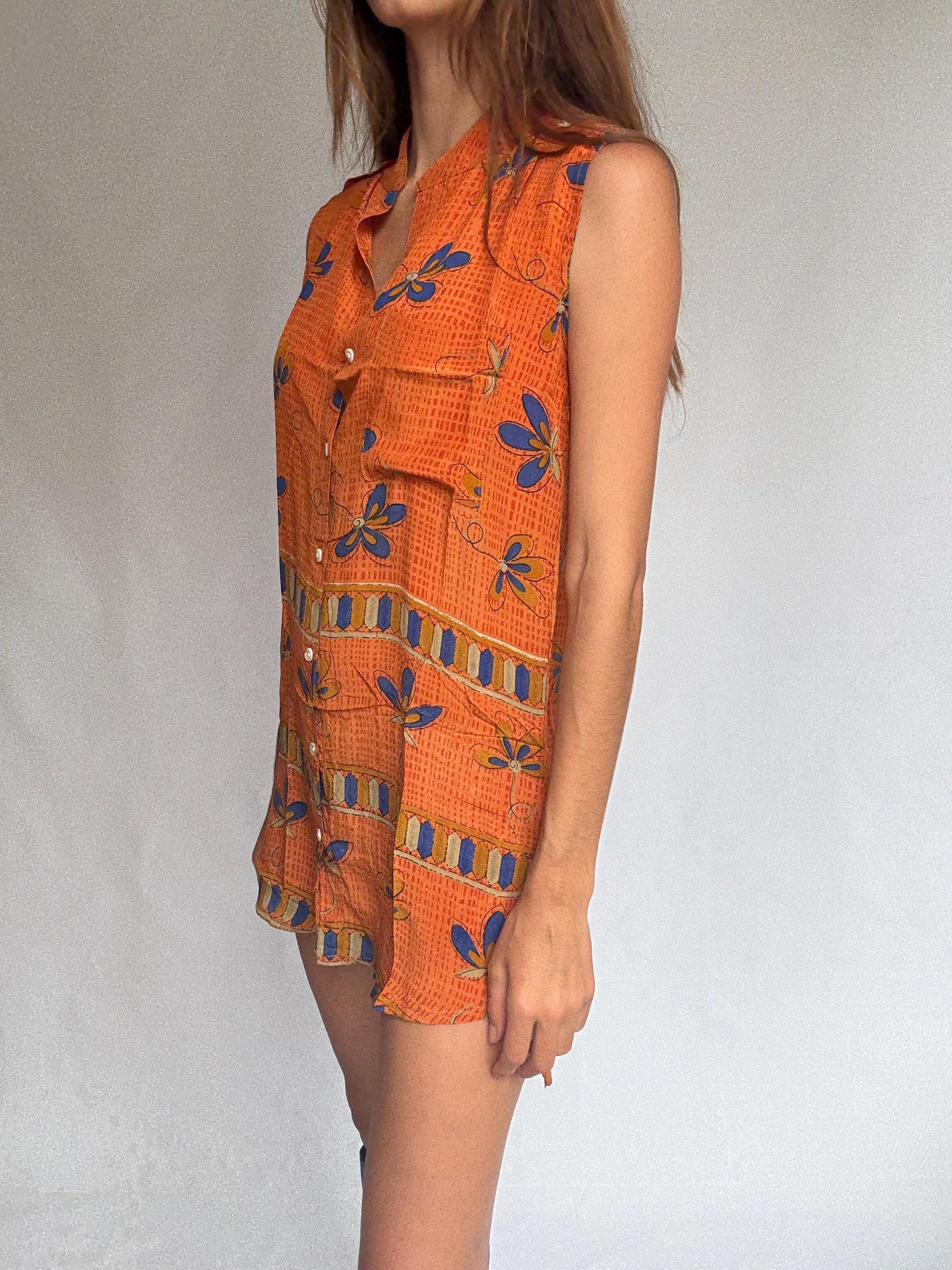 Vintage 100% Silk Dress in Bold Orange & Blue – Made in India – Size S/M