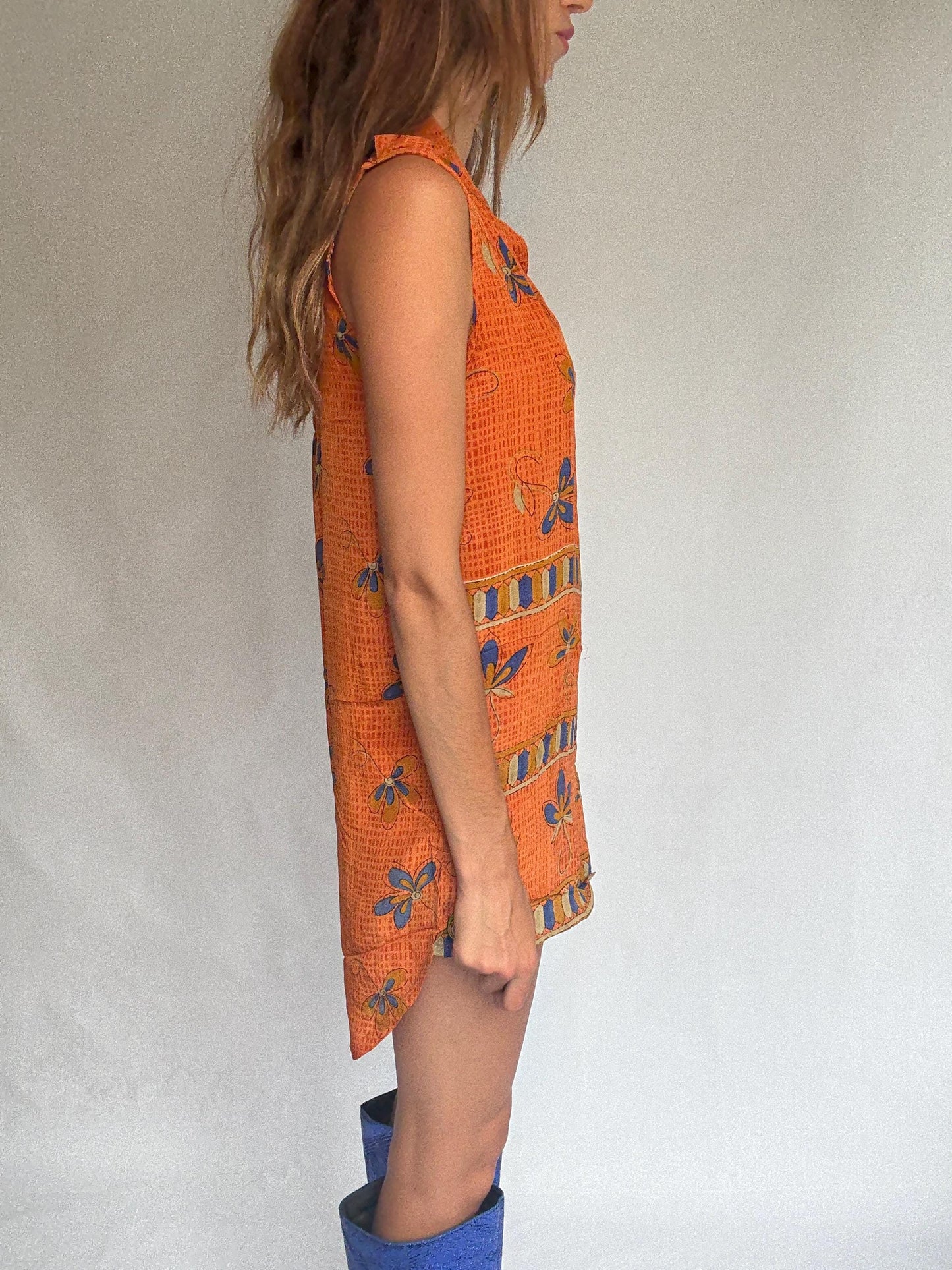 Vintage 100% Silk Dress in Bold Orange & Blue – Made in India – Size S/M