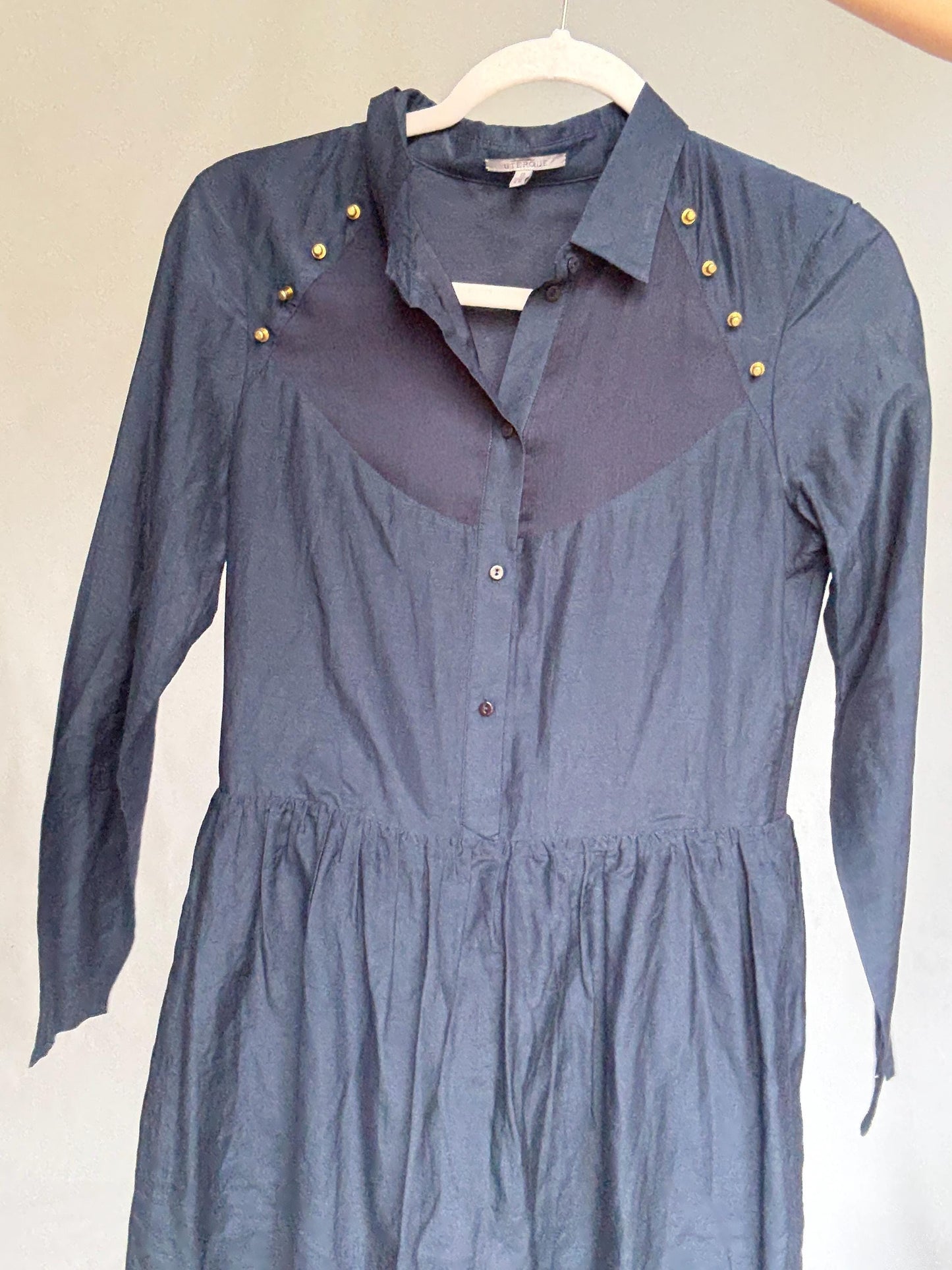 Luxury Uterqüe Navy Blue Mini Dress – Casual chic Silk Cotton Blend shirt dress, Preppy woman designer clothing – Size S