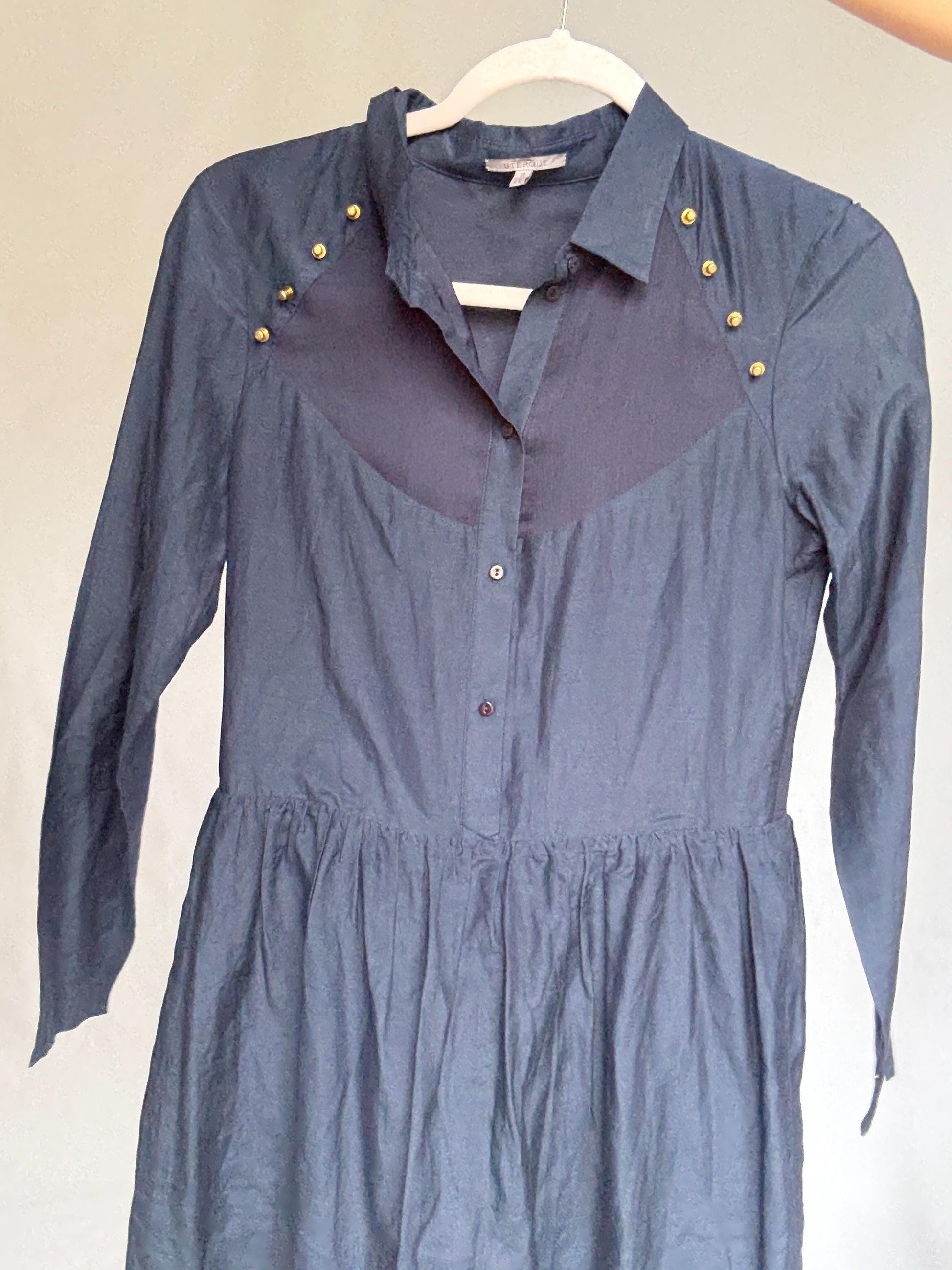 Luxury Uterqüe Navy Blue Mini Dress – Casual chic Silk Cotton Blend shirt dress, Preppy woman designer clothing – Size S