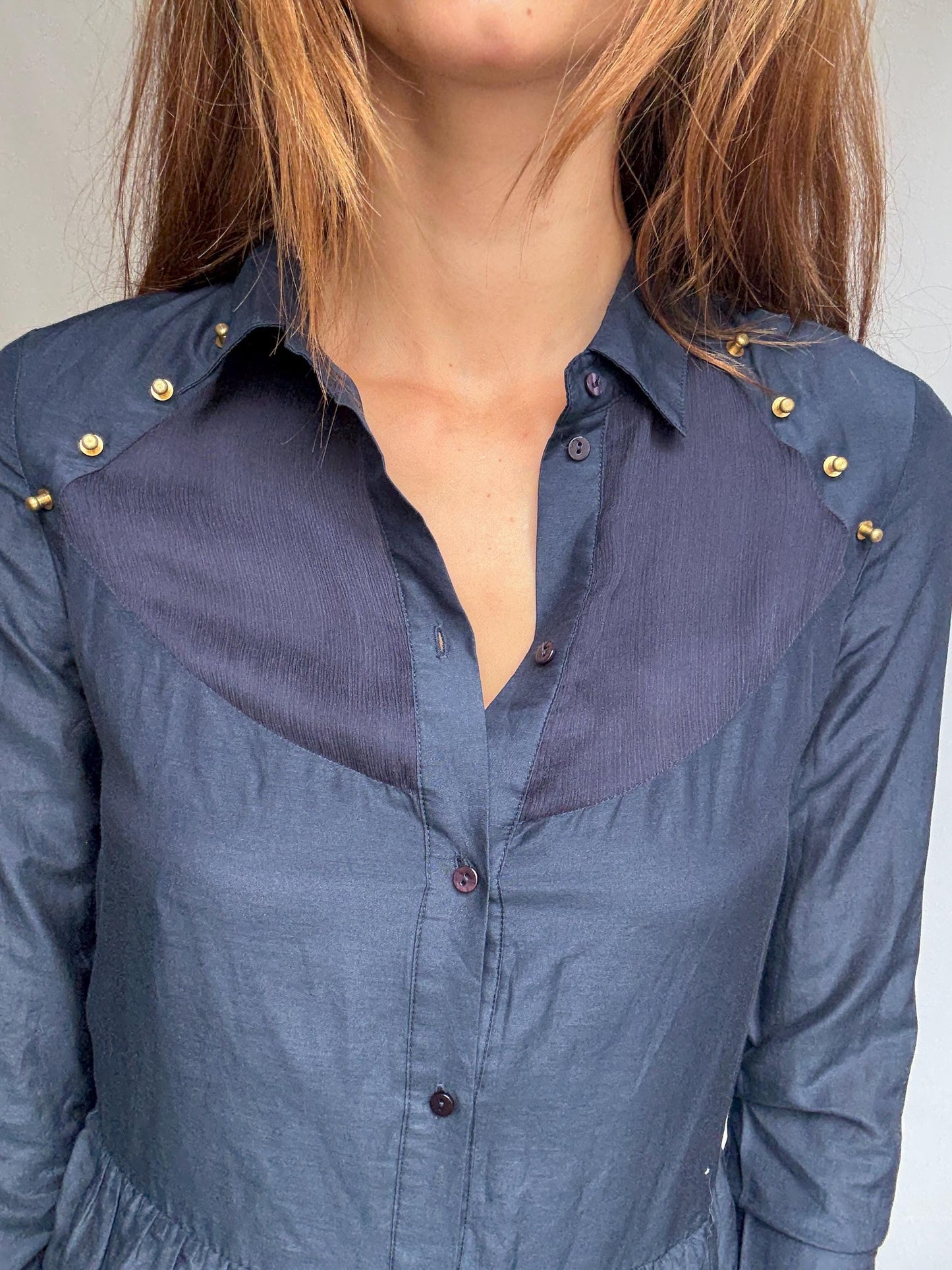 Luxury Uterqüe Navy Blue Mini Dress – Casual chic Silk Cotton Blend shirt dress, Preppy woman designer clothing – Size S