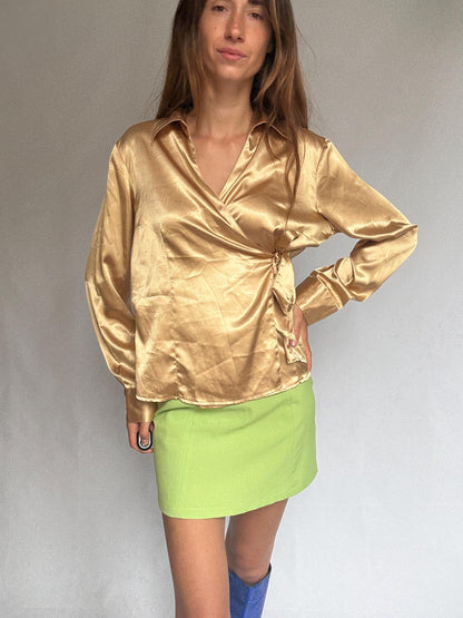 Gold Satin Wrap Blouse With Tie Front — back view