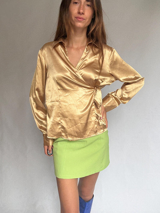 Gold Satin Wrap Blouse With Tie Front — detail
