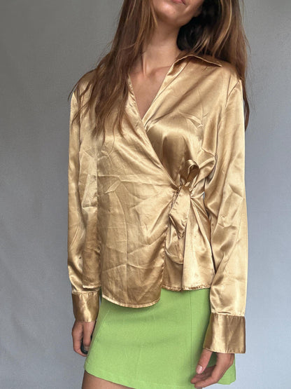 Gold Satin Wrap Blouse With Tie Front — additional view 7