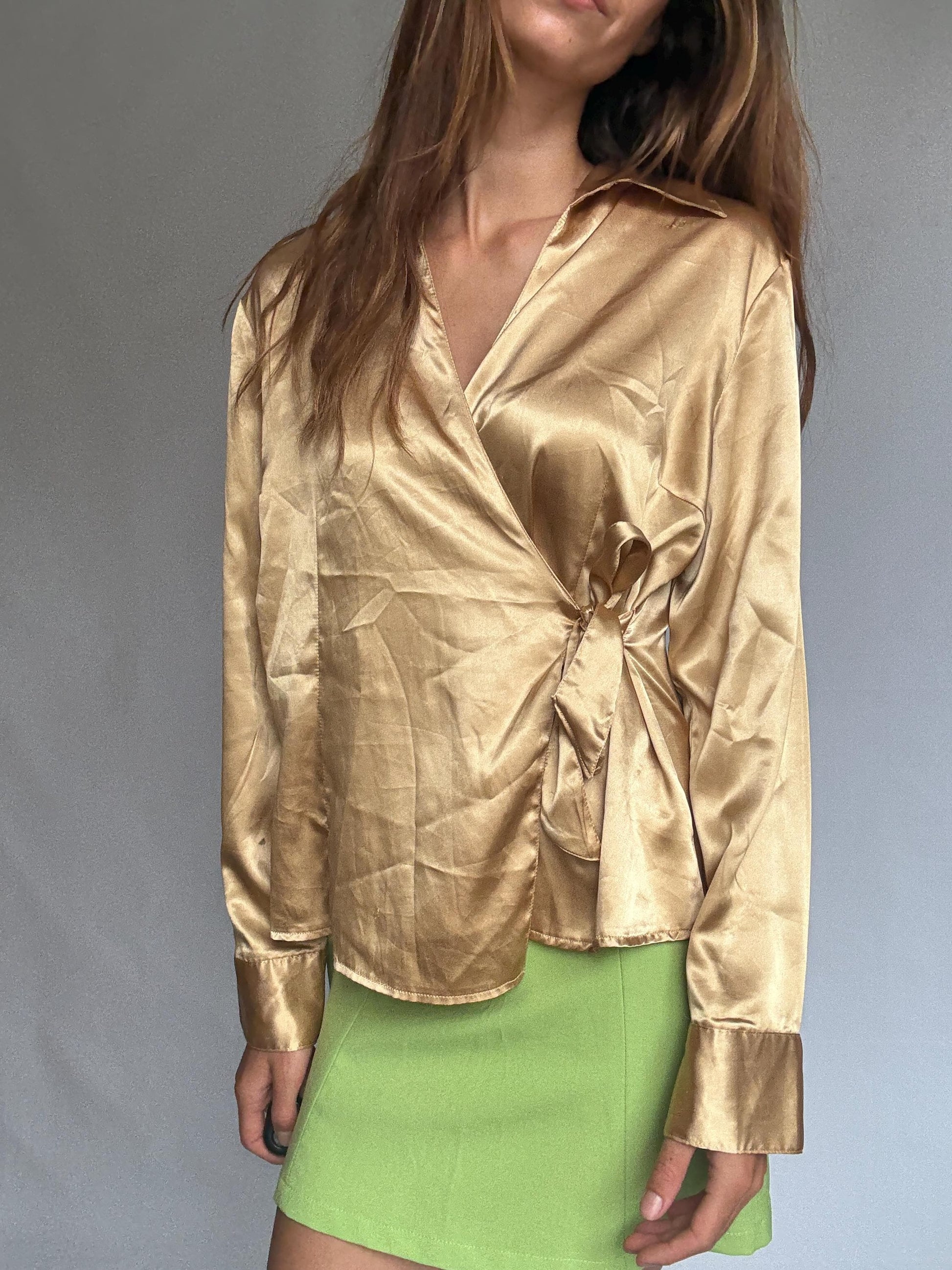 Gold satin wrap blouse by Jaramago – shiny tie-front long sleeve shirt – size 50 – adjustable fit – 100% polyester