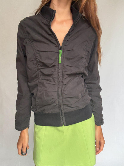 Ruched Black Cotton Blend Bomber Jacket — fabric close-up