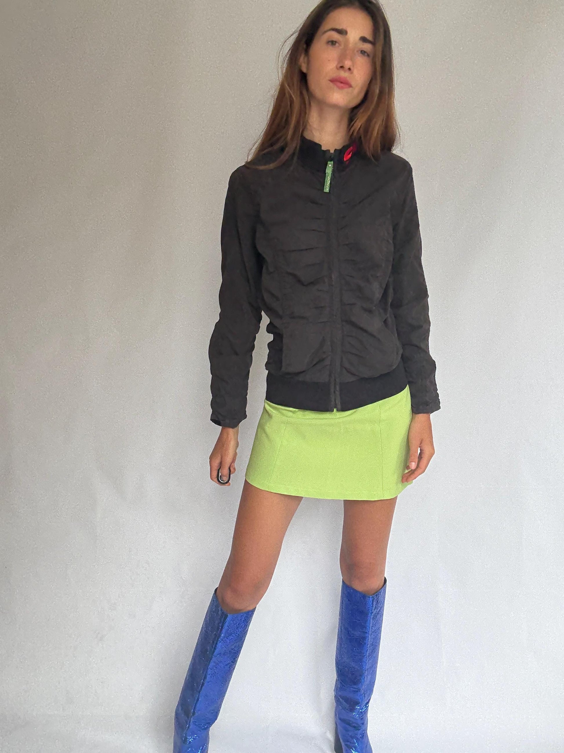 Skunkfunk zip-up bomber jacket – ruched black jacket in cotton blend – YKK zipper – sustainable design from the Basque Country