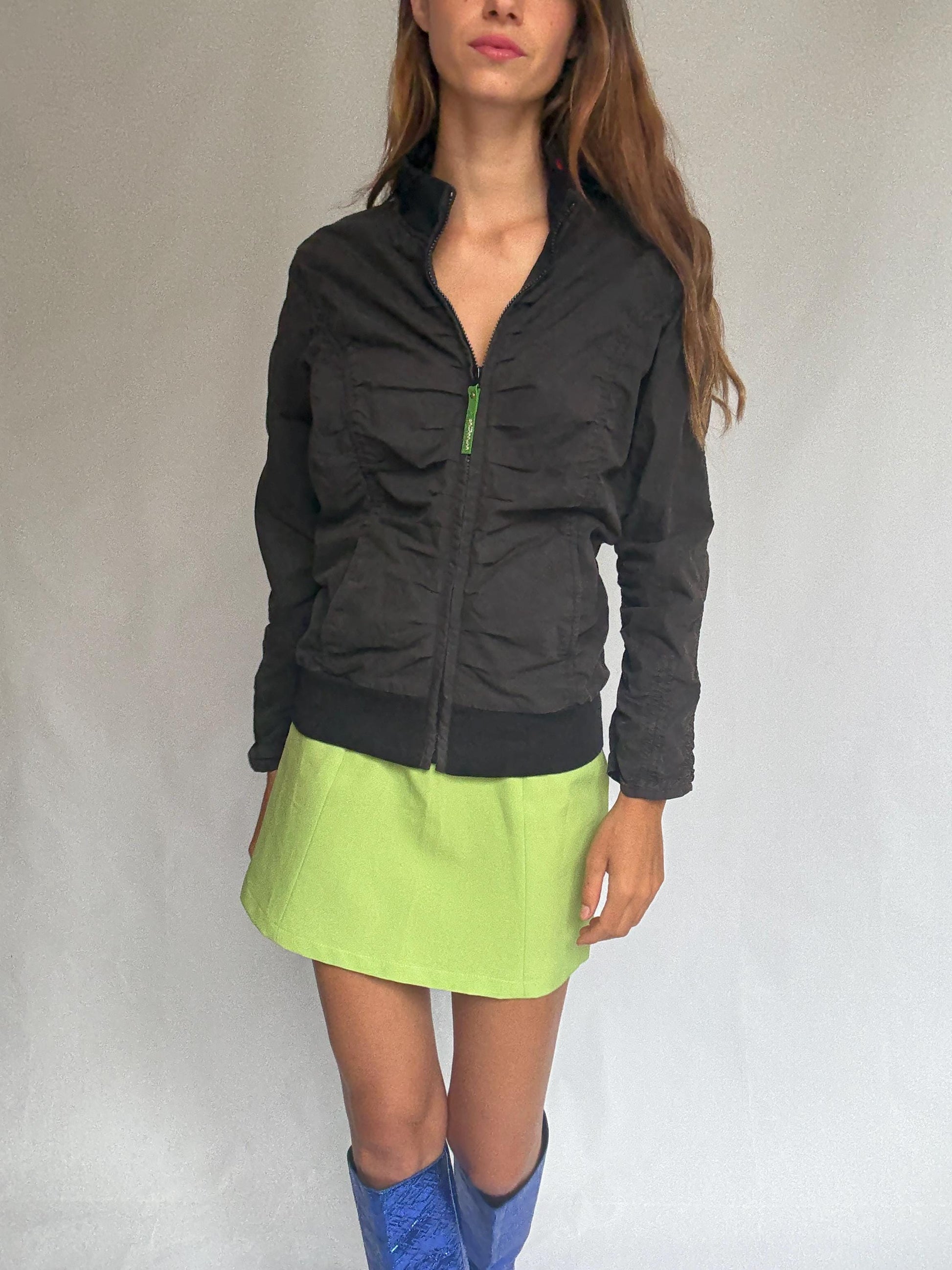 Skunkfunk zip-up bomber jacket – ruched black jacket in cotton blend – YKK zipper – sustainable design from the Basque Country