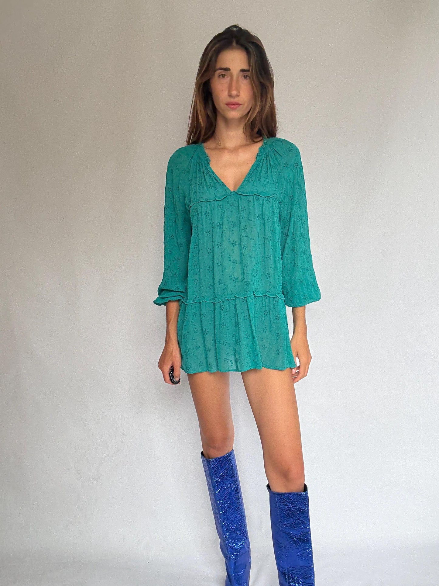 Sheer green mini dress by Southern Cotton – romantic boho summer style, soft flowy fit, perfect for layering or beachwear, size M