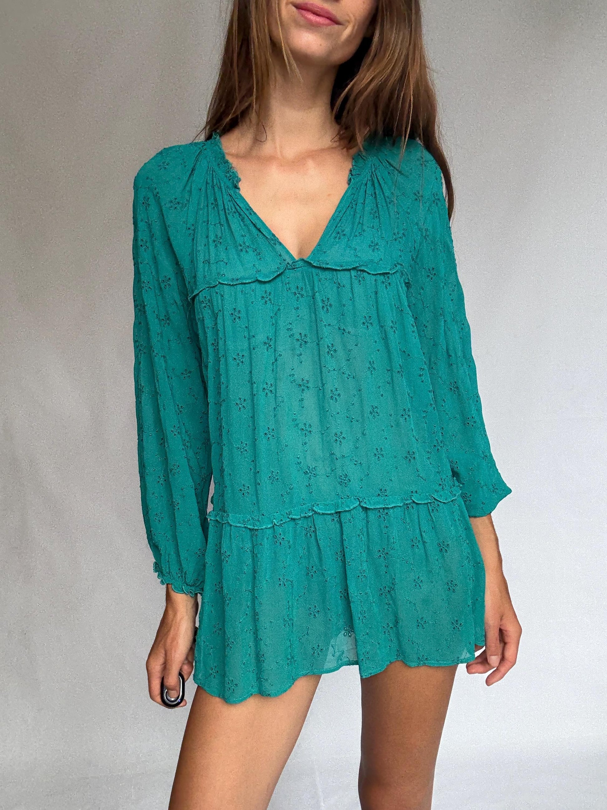 Sheer green mini dress by Southern Cotton – romantic boho summer style, soft flowy fit, perfect for layering or beachwear, size M