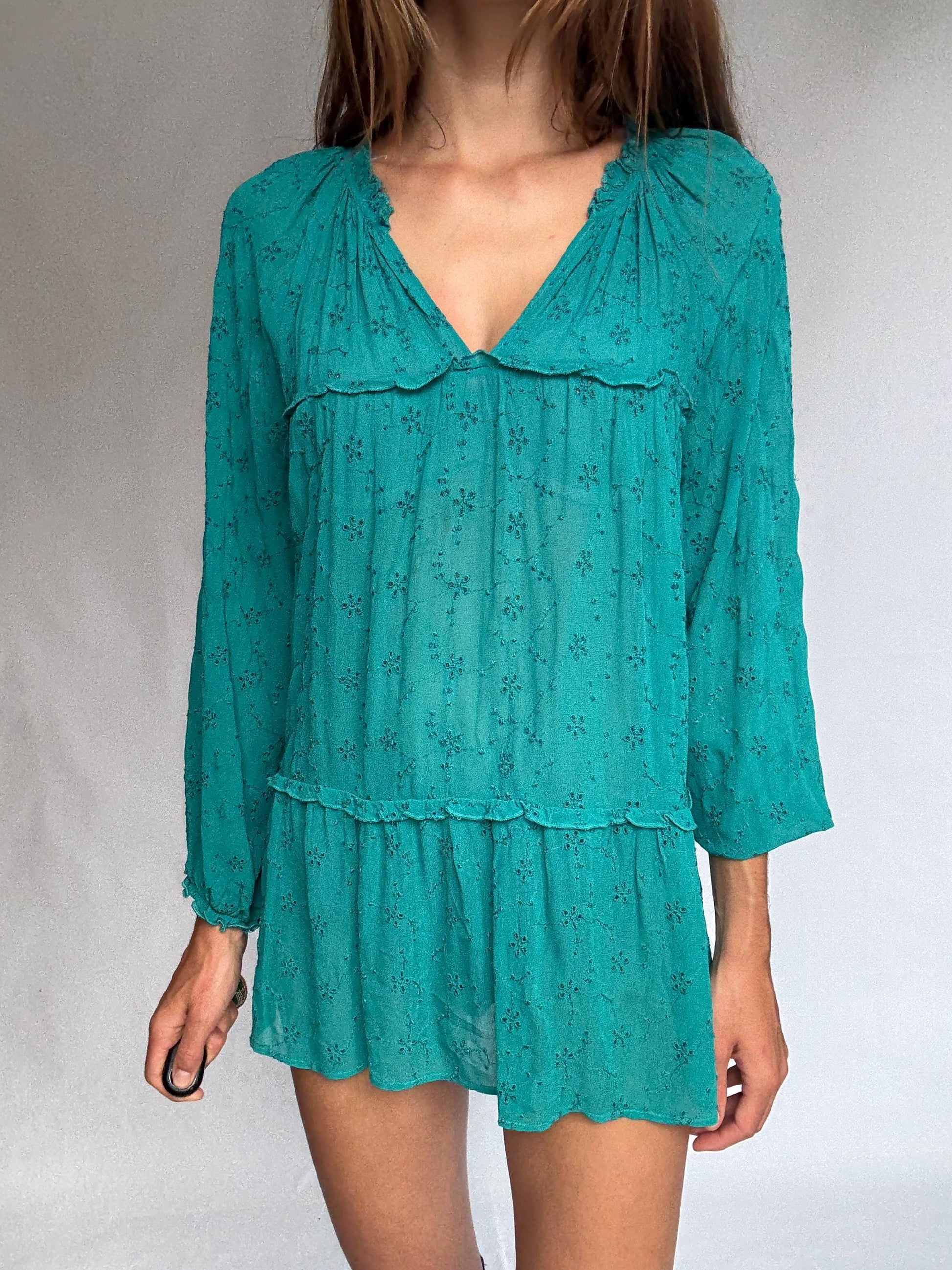 Sheer green mini dress by Southern Cotton – romantic boho summer style, soft flowy fit, perfect for layering or beachwear, size M