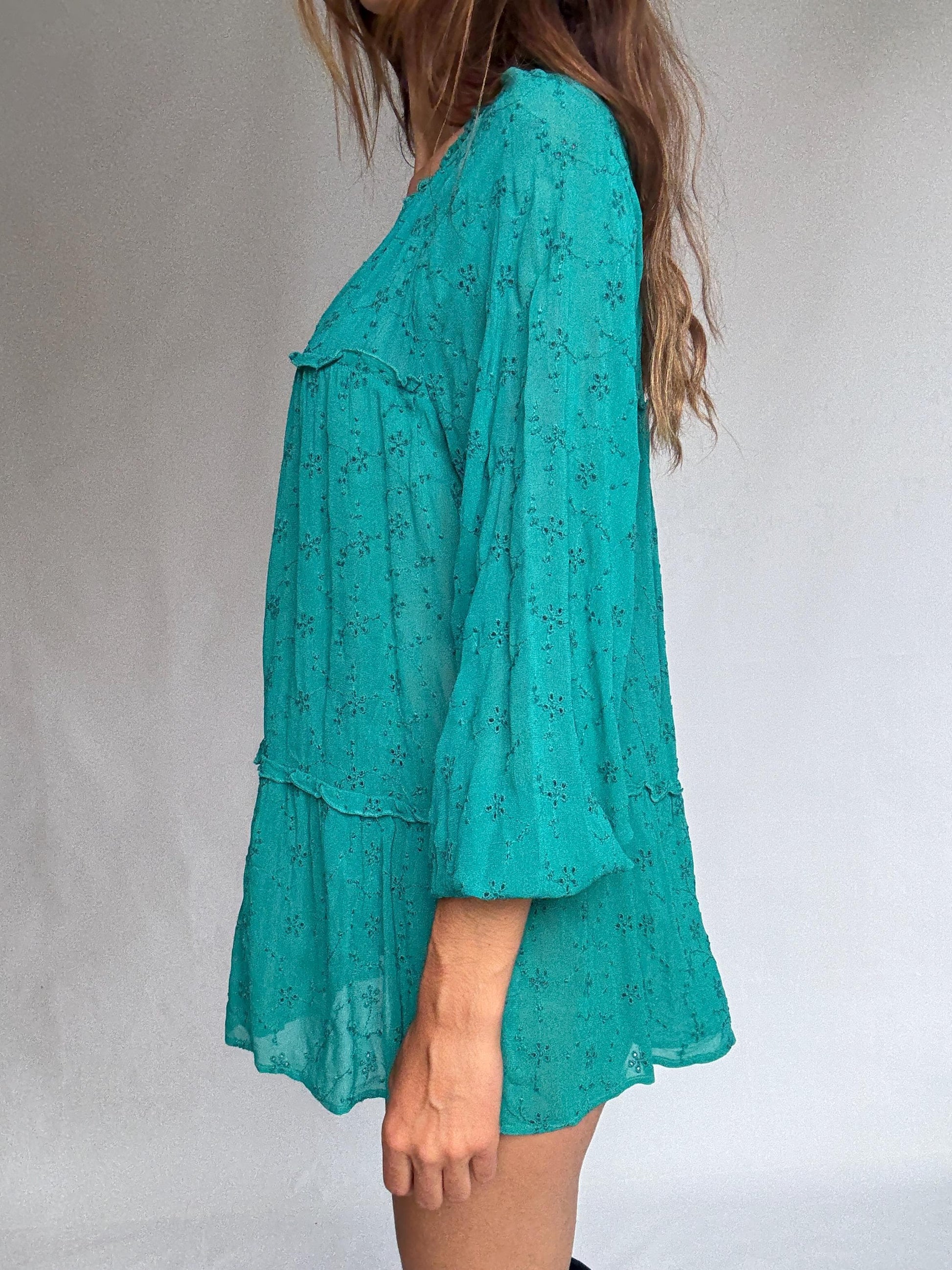 Sheer green mini dress by Southern Cotton – romantic boho summer style, soft flowy fit, perfect for layering or beachwear, size M