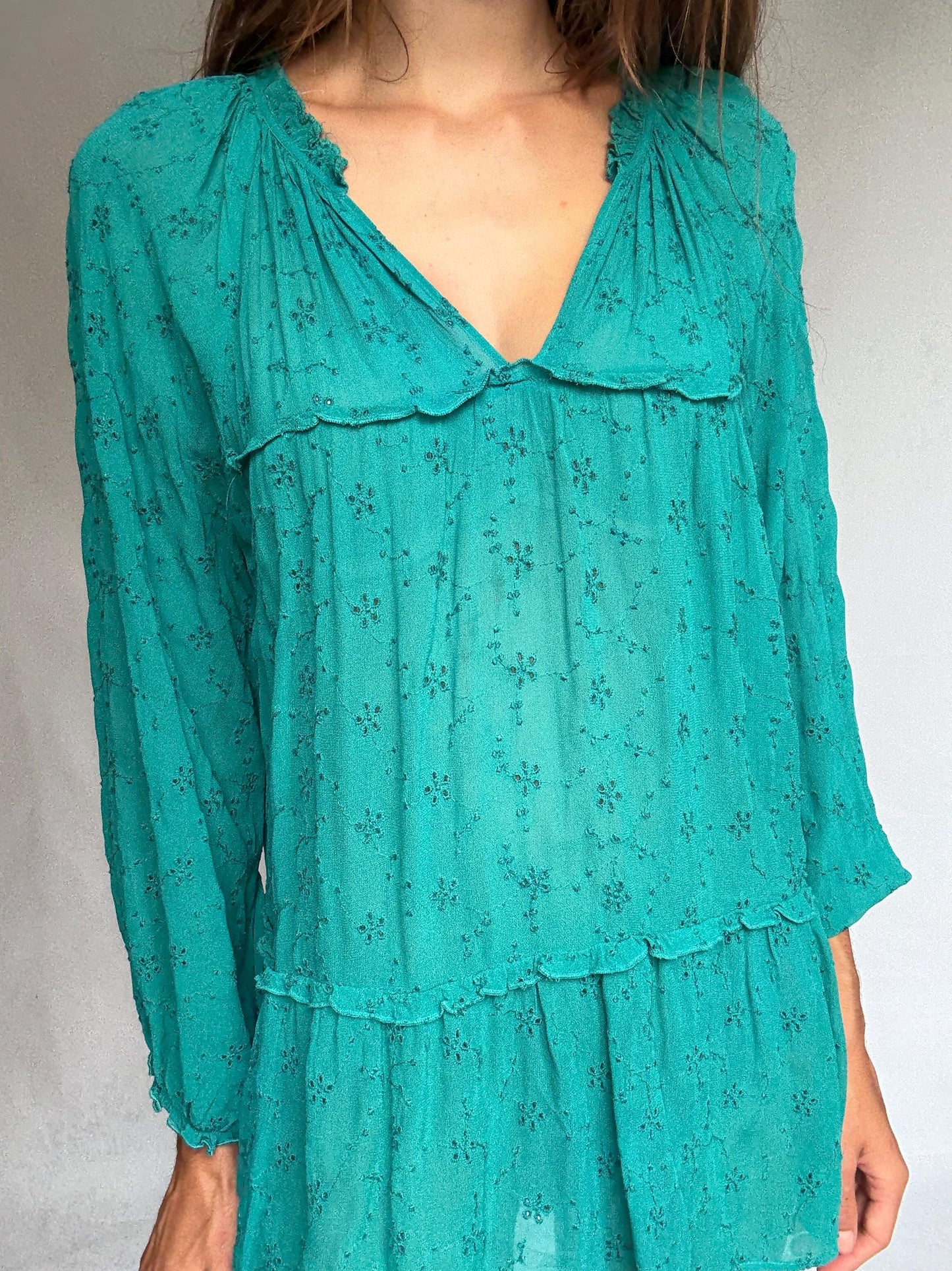 Sheer green mini dress by Southern Cotton – romantic boho summer style, soft flowy fit, perfect for layering or beachwear, size M