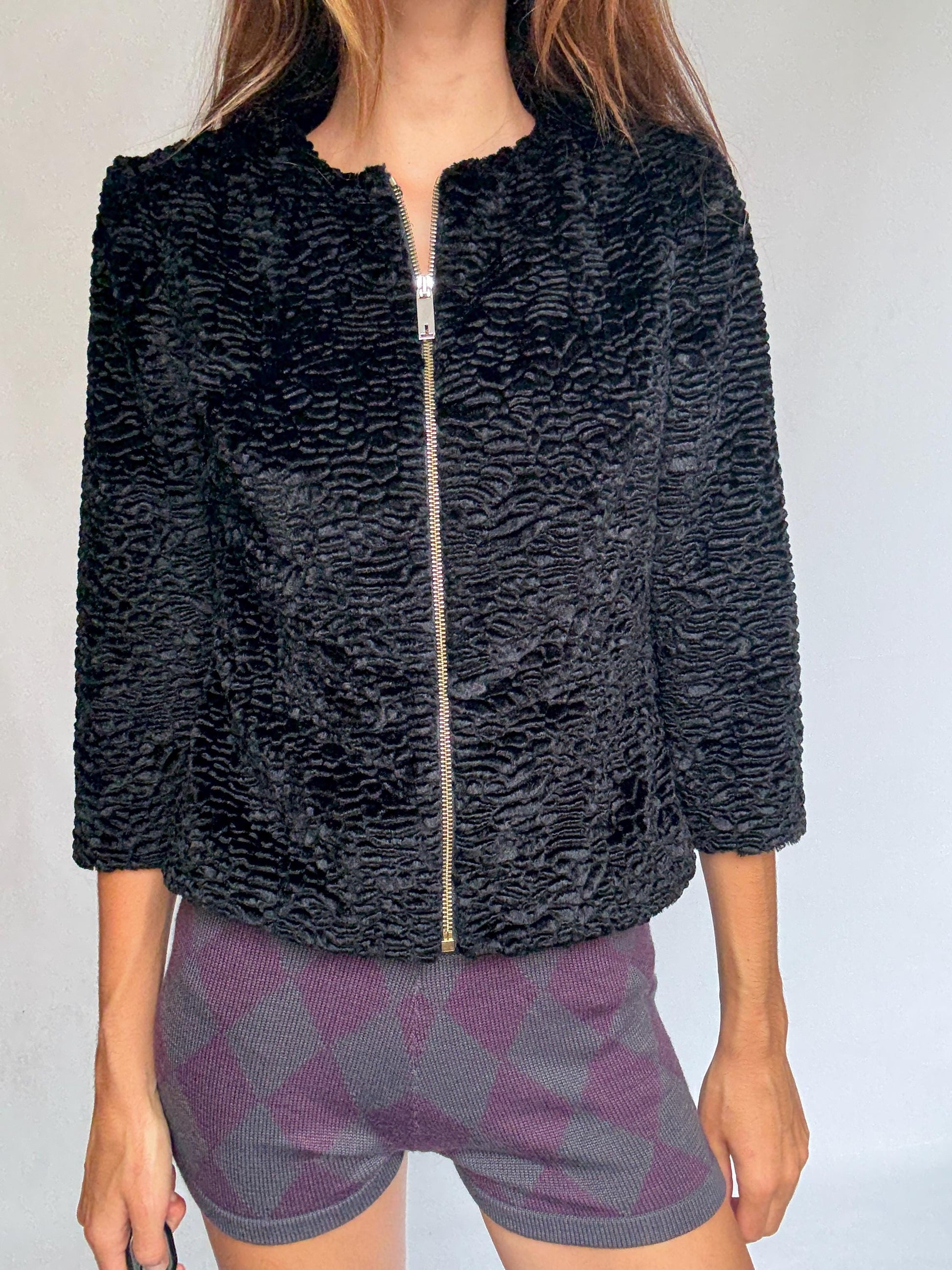 Ted Baker London textured black zip-up jacket, luxe lightweight layer with a sculptural feel – chic secondhand in great condition