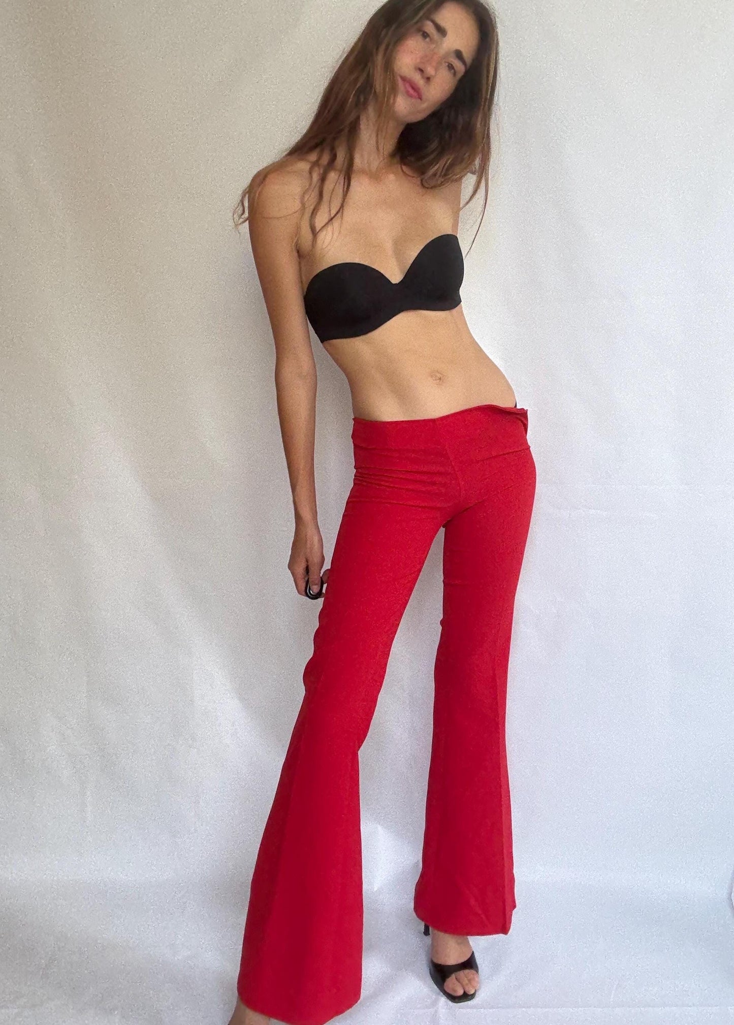 Vintage red flared trousers by Sparring Spain – high waist pants with side zipper – wide leg 70s style statement bottoms size 34