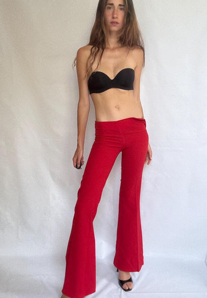 Vintage Red High-Waist Flared Pants — fabric close-up