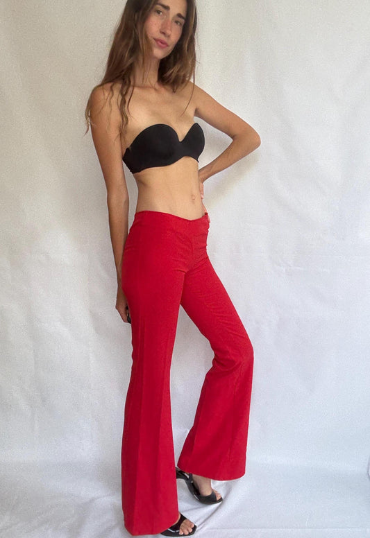 Vintage red flared trousers by Sparring Spain – high waist pants with side zipper – wide leg 70s style statement bottoms size 34