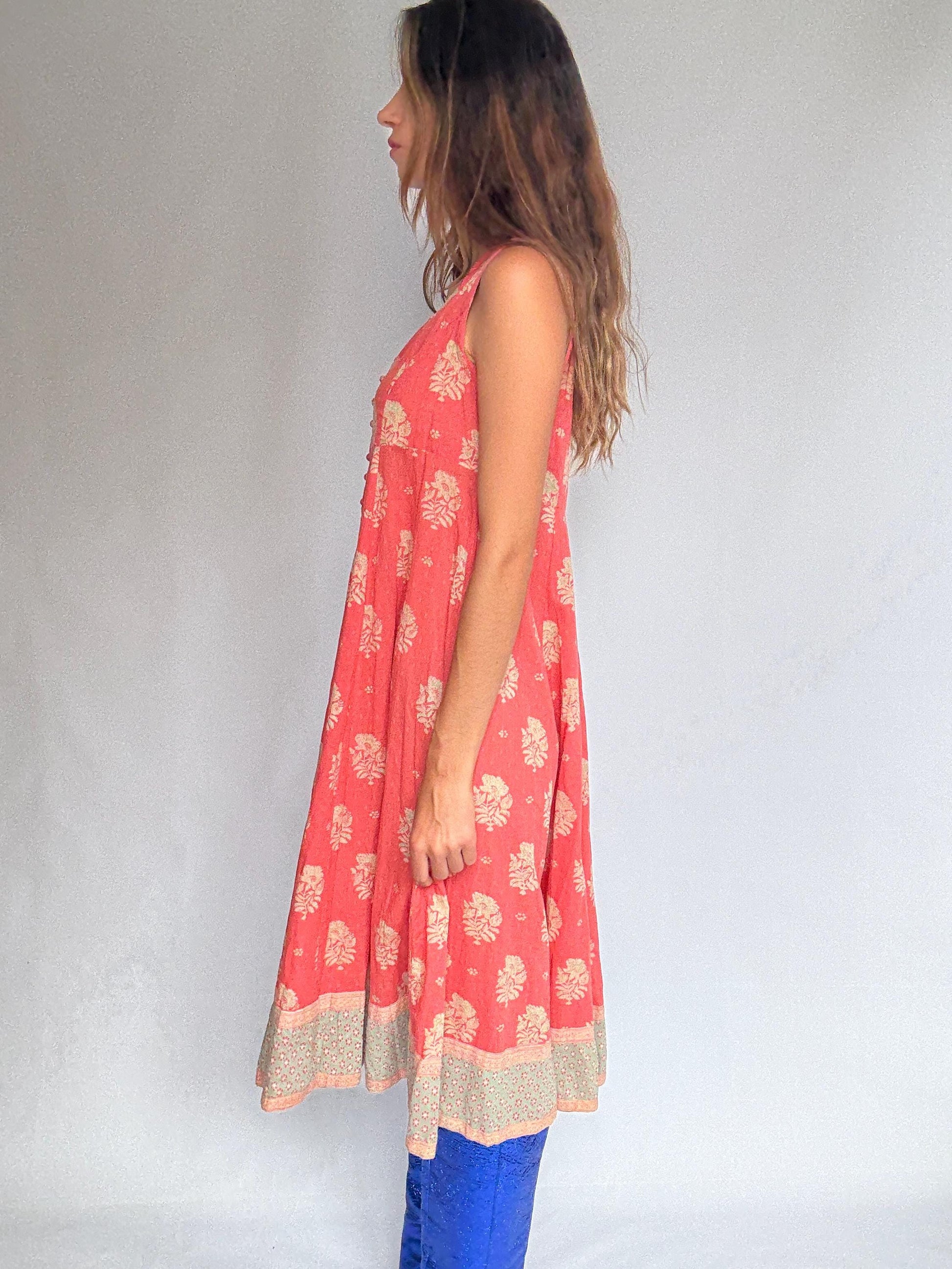 Fabindia sleeveless cotton midi dress – coral floral print – size S slim fit – boho summer dress in breathable fabric