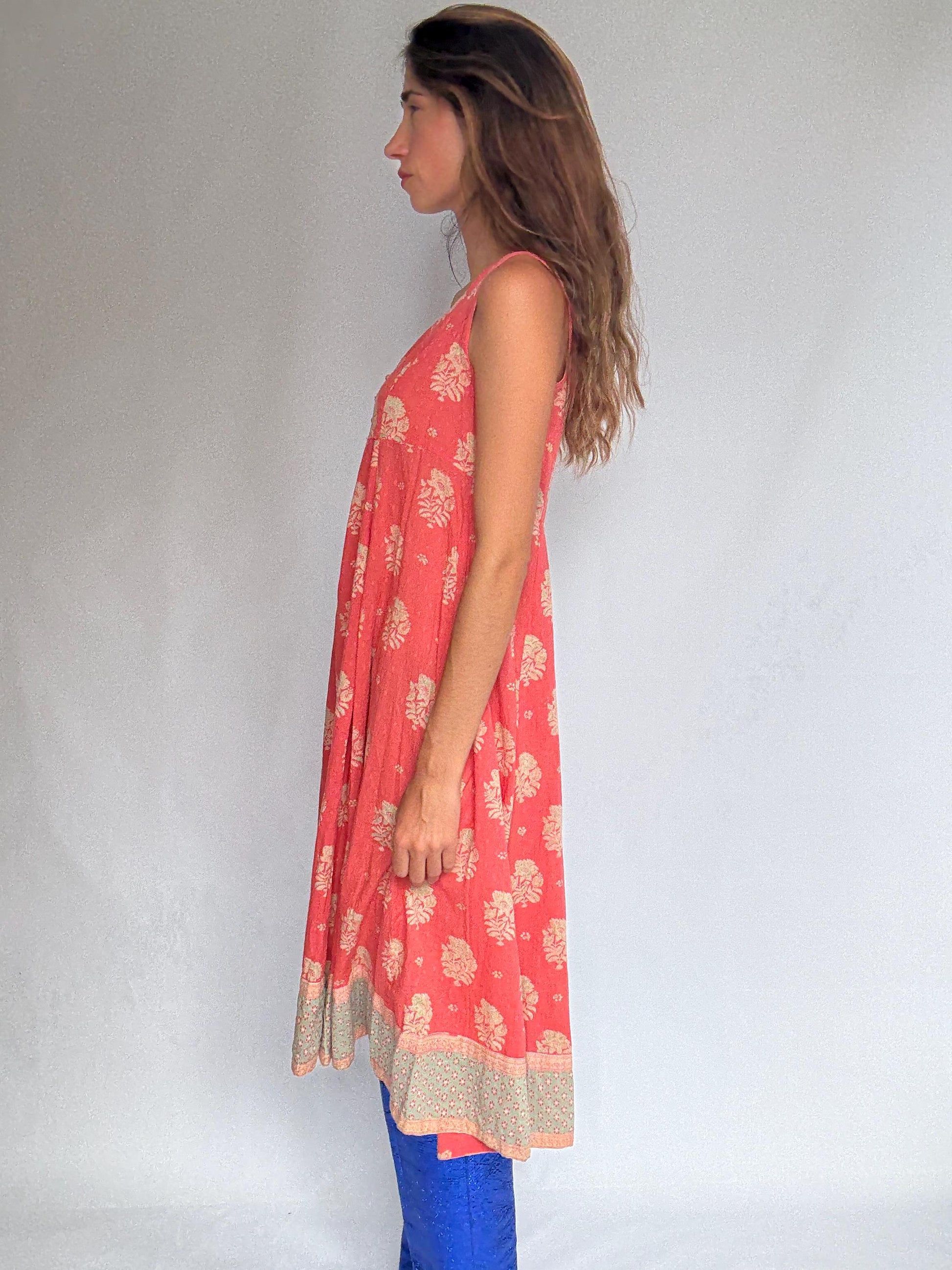 Fabindia sleeveless cotton midi dress – coral floral print – size S slim fit – boho summer dress in breathable fabric