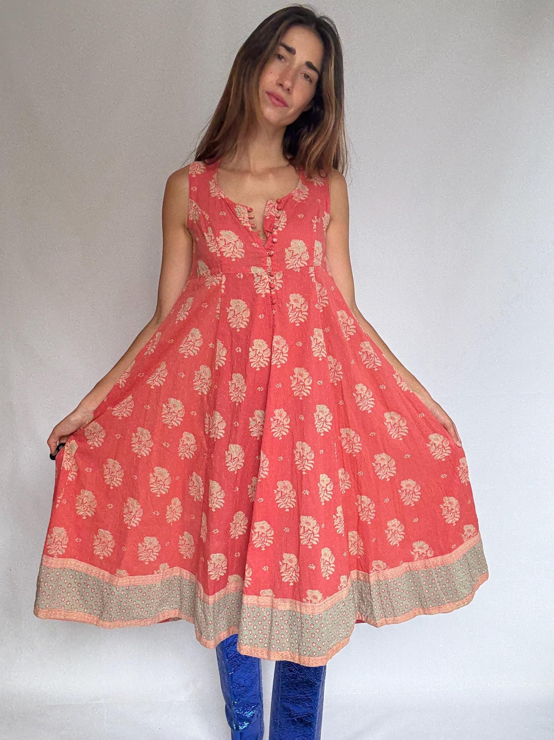 Fabindia sleeveless cotton midi dress – coral floral print – size S slim fit – boho summer dress in breathable fabric