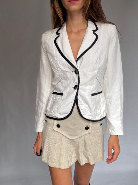 Vintage style Taifun white blazer with black trim, tailored fit & contrast edges, Elegant formal wedding guest jacket, Parisian style