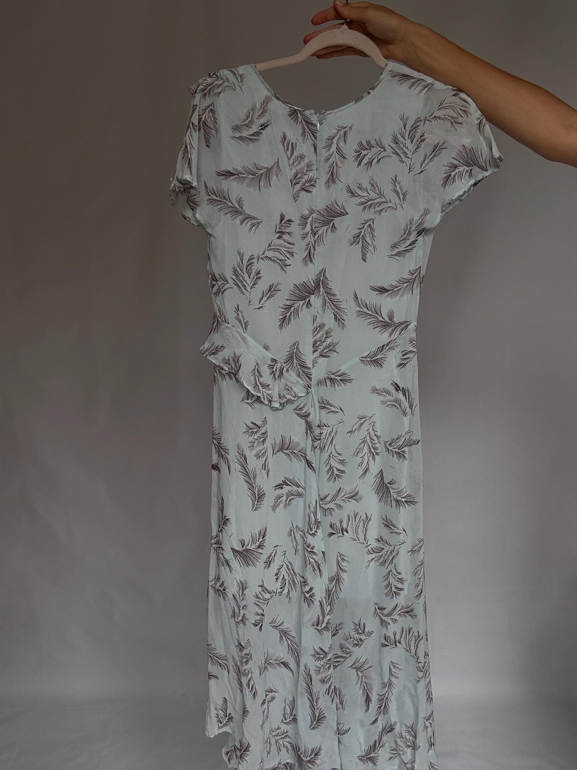 Maison Derhy light blue summer ruffle dress with slit – romantic maxi for wedding guest or dinner, viscose & cotton, size S