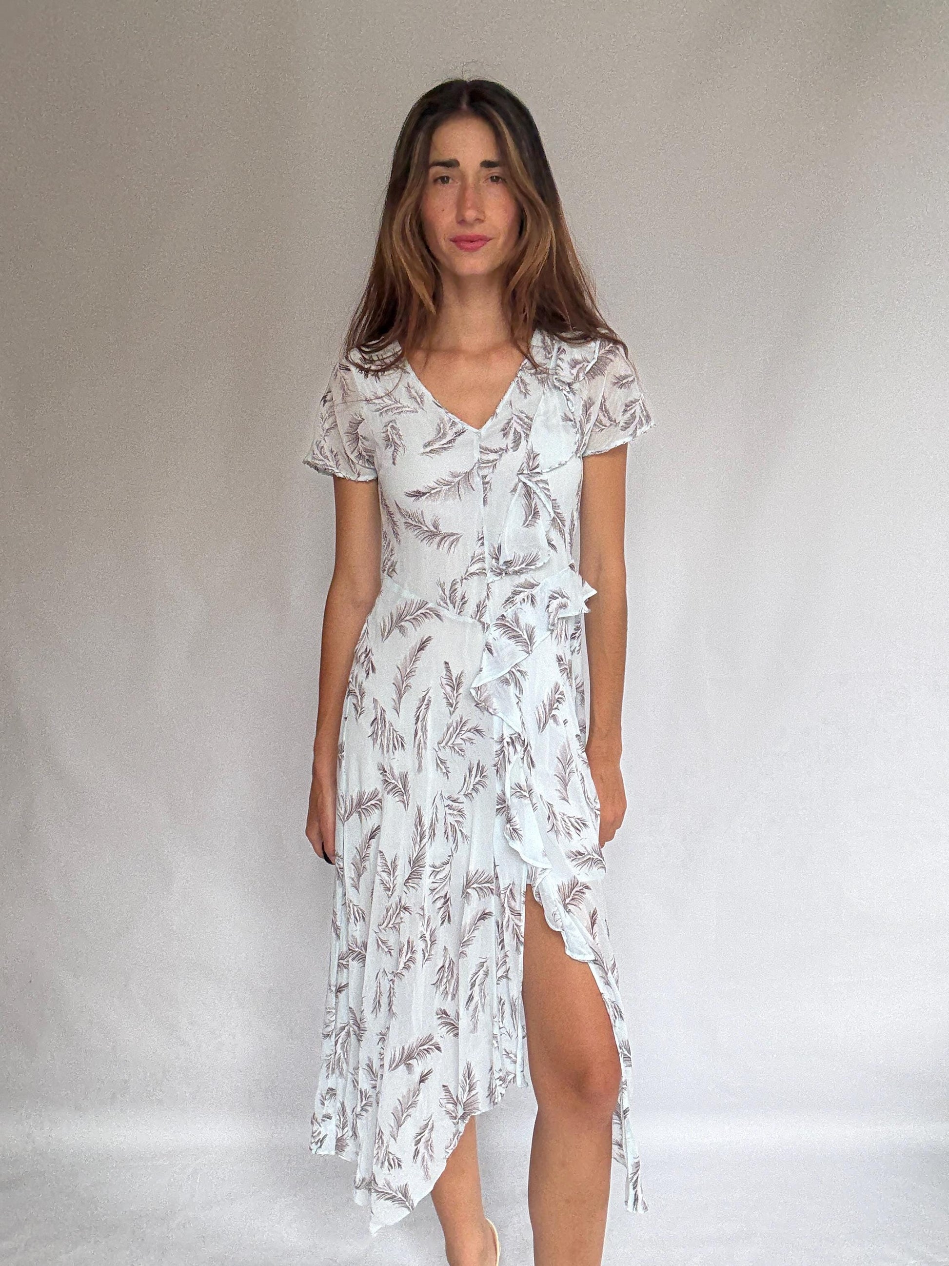 Maison Derhy light blue summer ruffle dress with slit – romantic maxi for wedding guest or dinner, viscose & cotton, size S