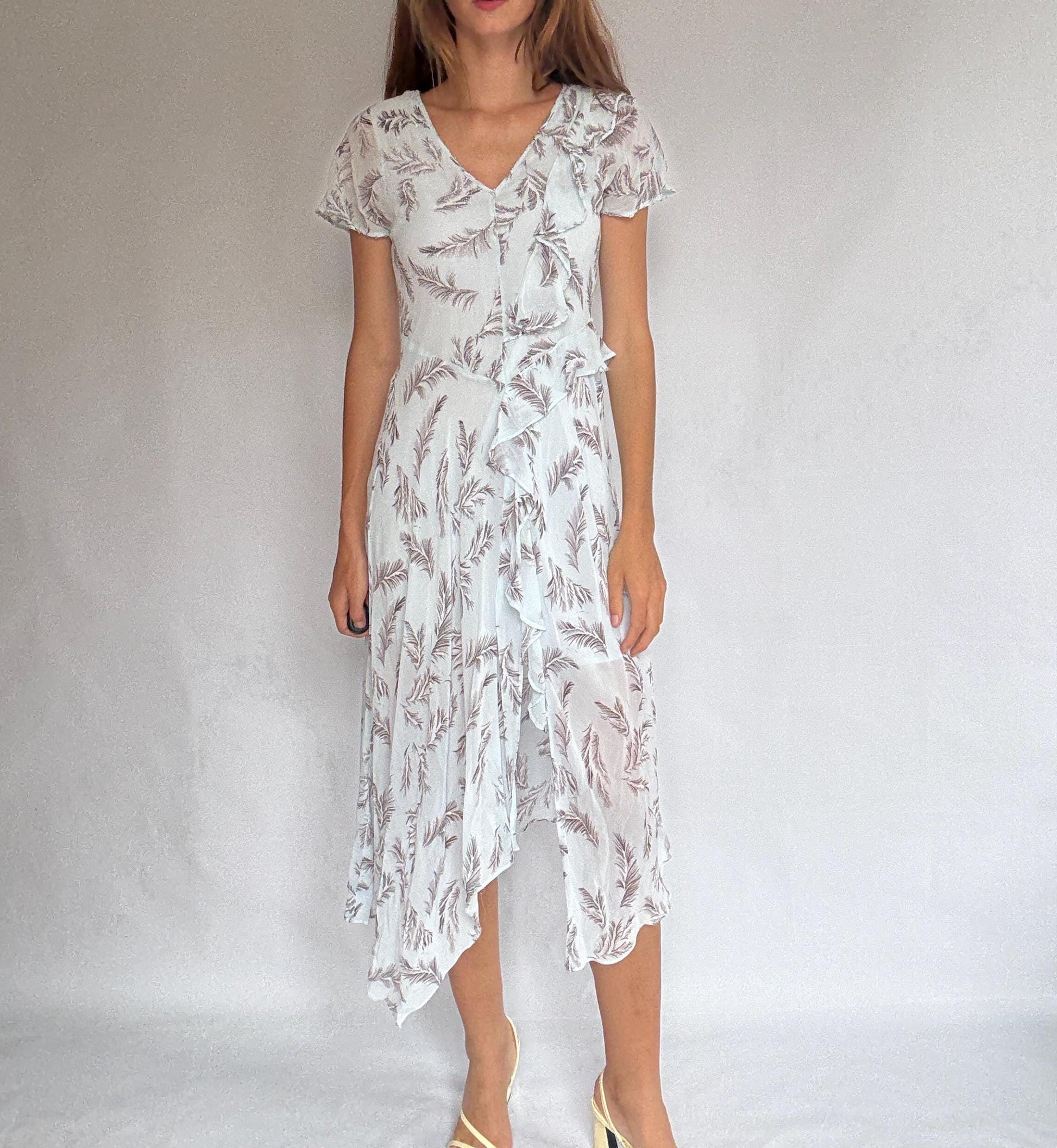 Maison Derhy light blue summer ruffle dress with slit – romantic maxi for wedding guest or dinner, viscose & cotton, size S