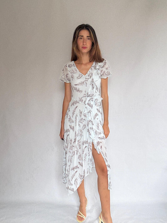 Maison Derhy light blue summer ruffle dress with slit – romantic maxi for wedding guest or dinner, viscose & cotton, size S