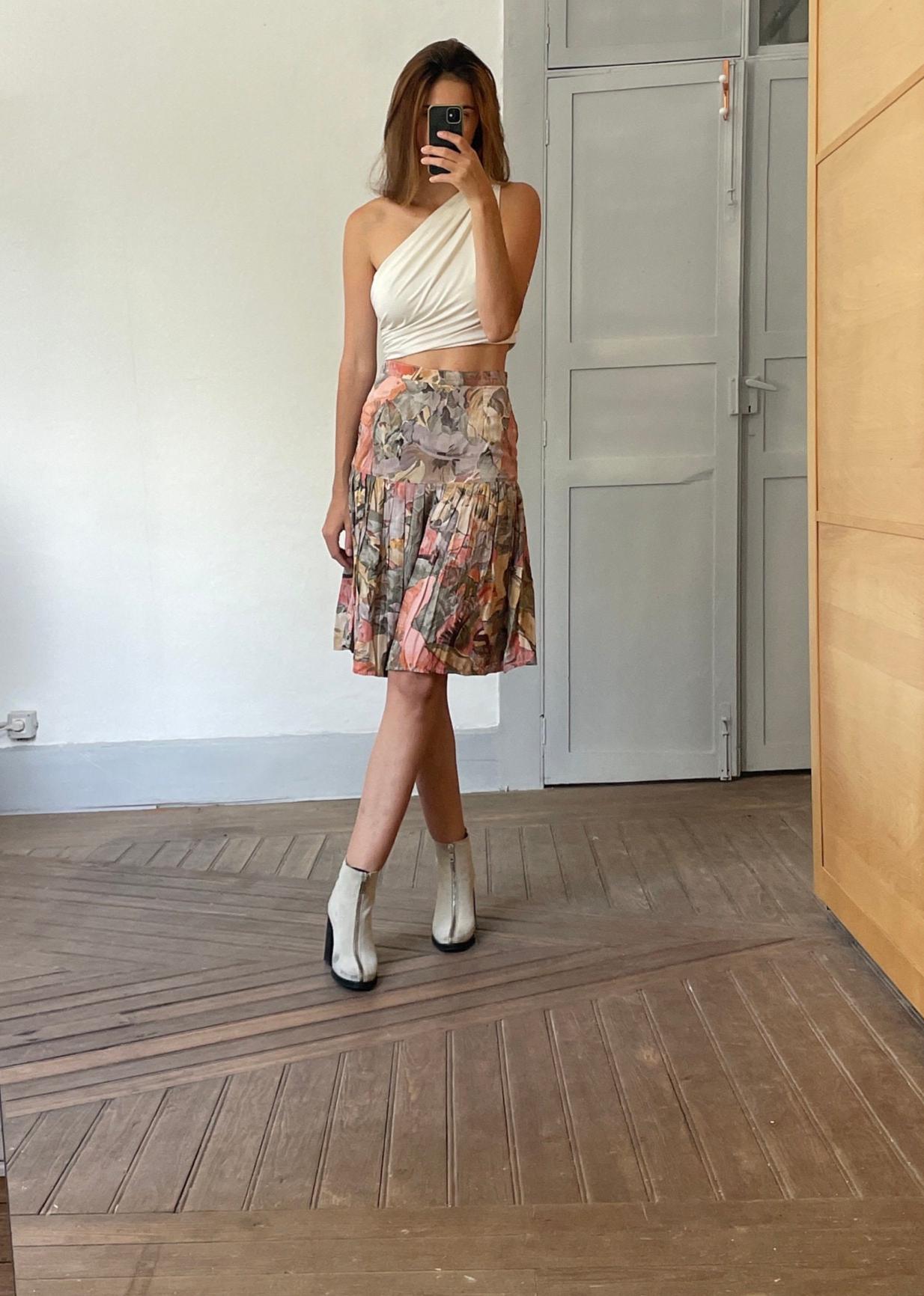 Vintage handmade floral summer skirt, Cute lightweight pleated skirt, Handmade antique woman clothing