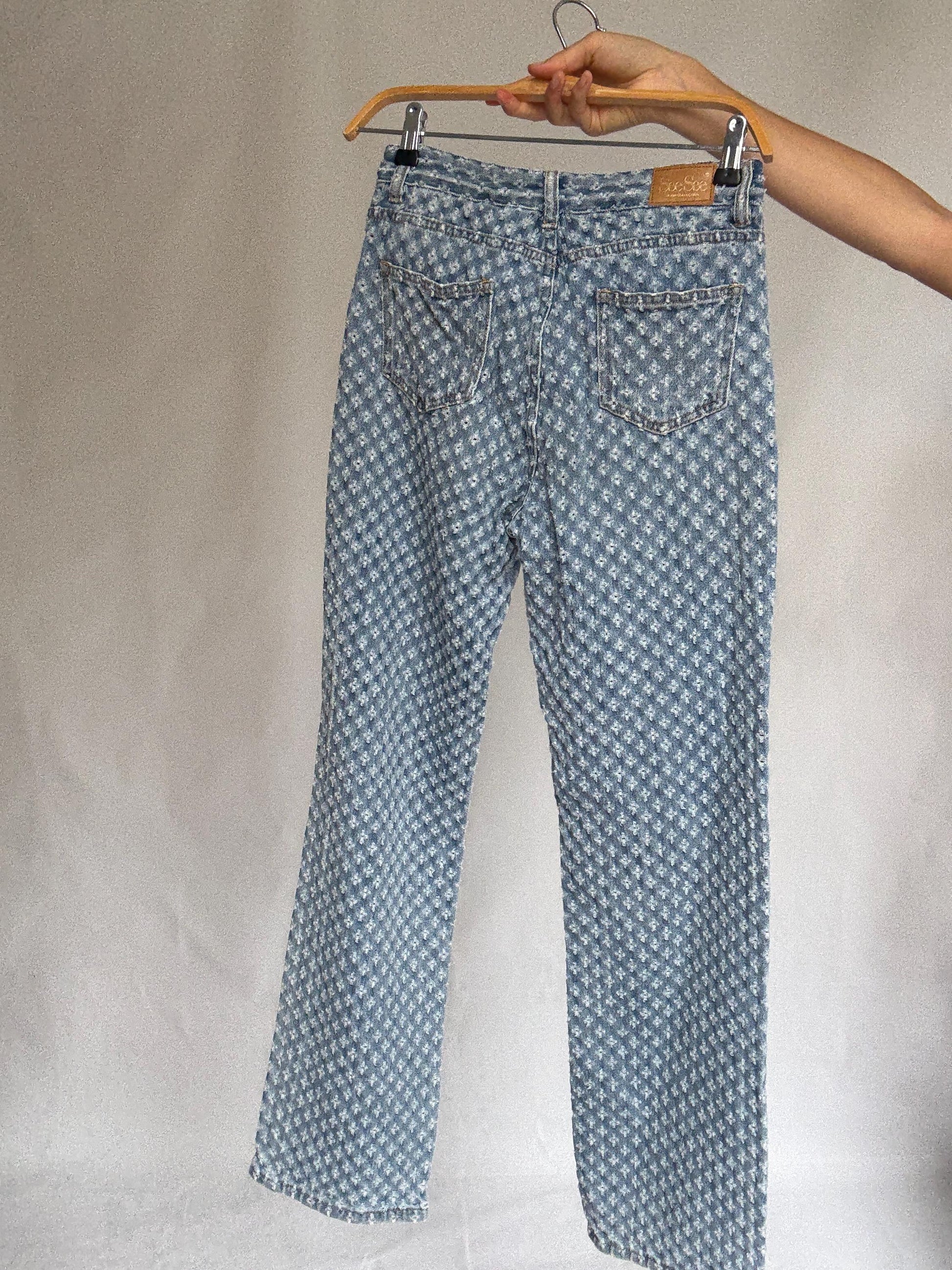 See See Paris textured denim jeans – light wash cotton blend with floral eyelet design, comfy everyday fit, straight leg, size M