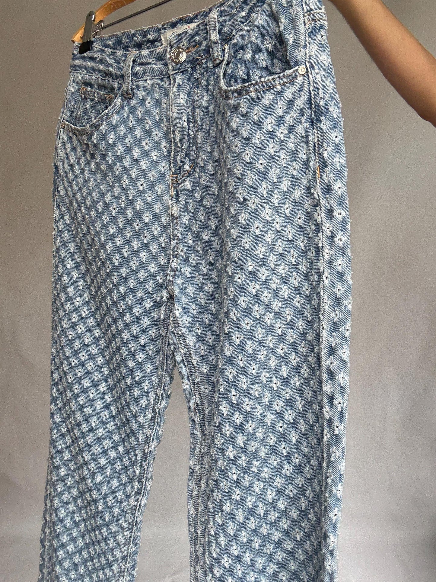 See See Paris textured denim jeans – light wash cotton blend with floral eyelet design, comfy everyday fit, straight leg, size M