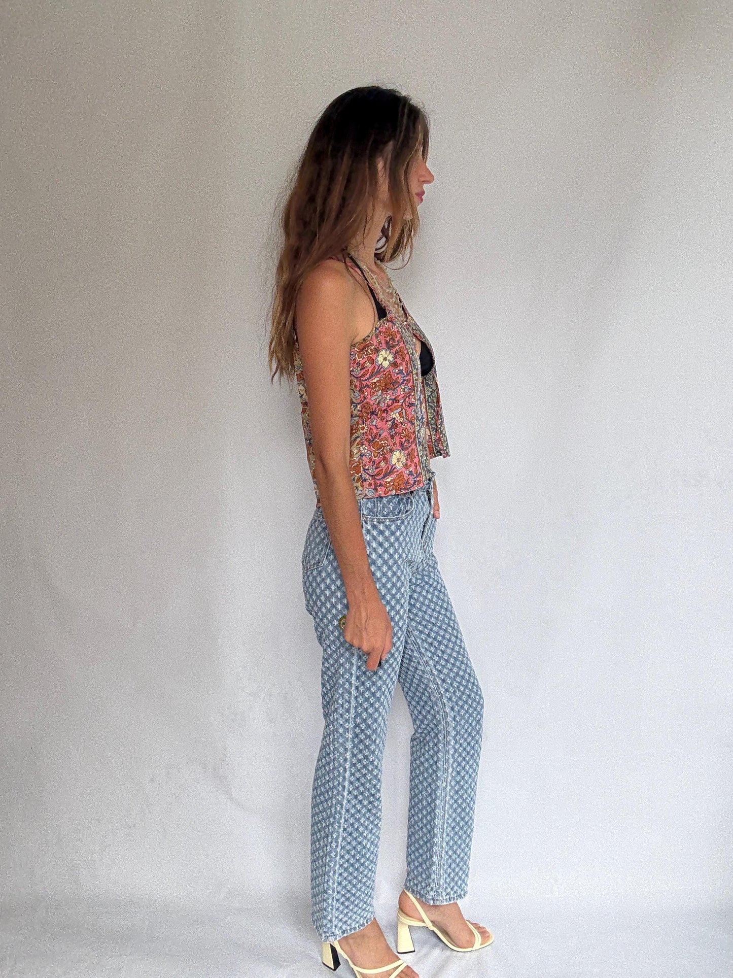 See See Paris textured denim jeans – light wash cotton blend with floral eyelet design, comfy everyday fit, straight leg, size M