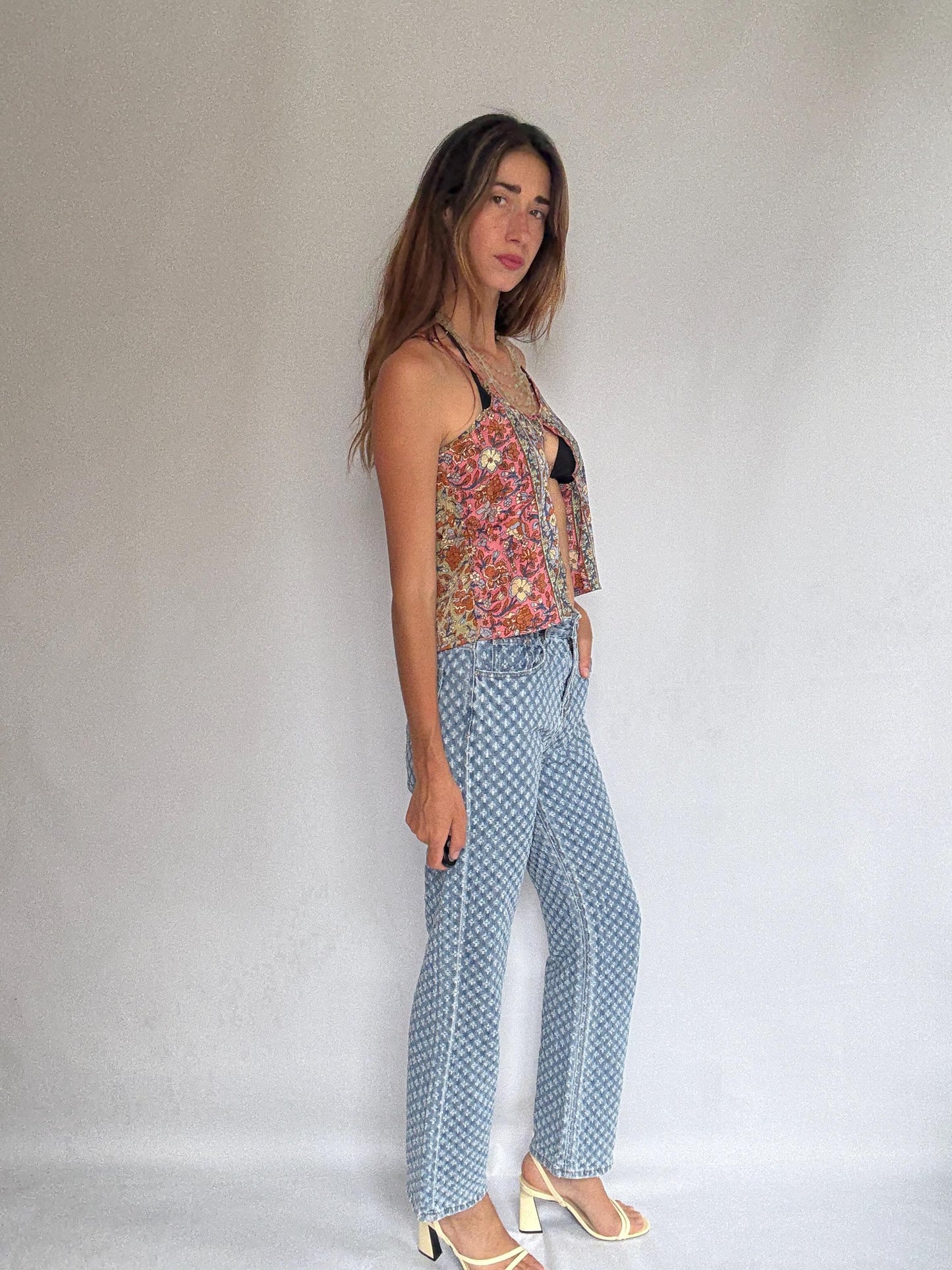 See See Paris textured denim jeans – light wash cotton blend with floral eyelet design, comfy everyday fit, straight leg, size M