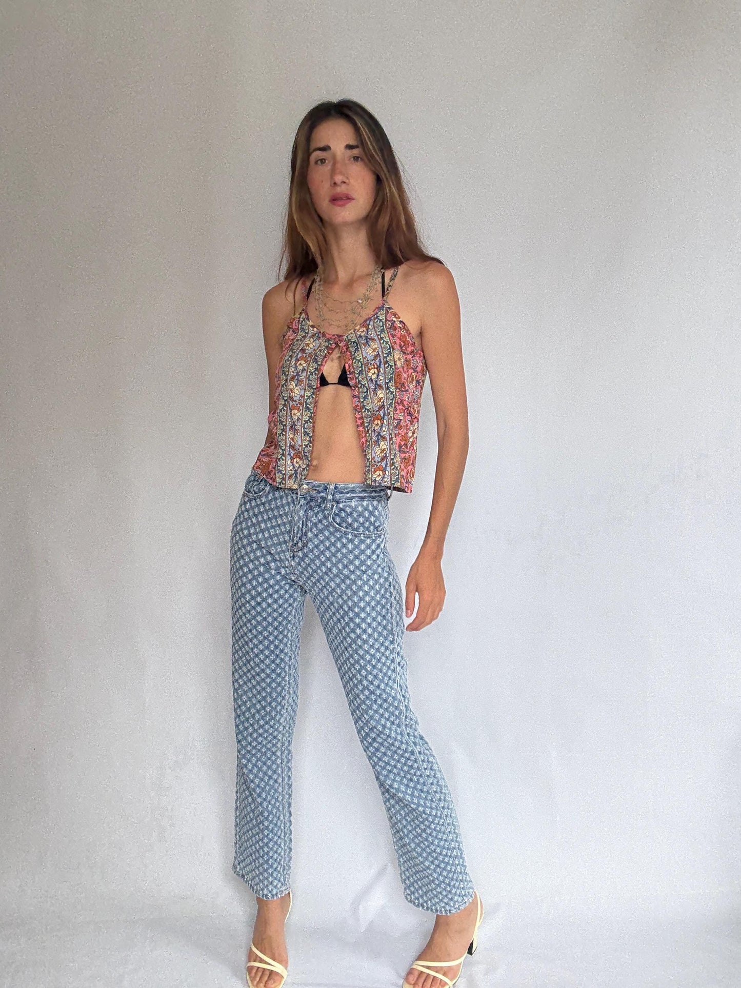 See See Paris textured denim jeans – light wash cotton blend with floral eyelet design, comfy everyday fit, straight leg, size M