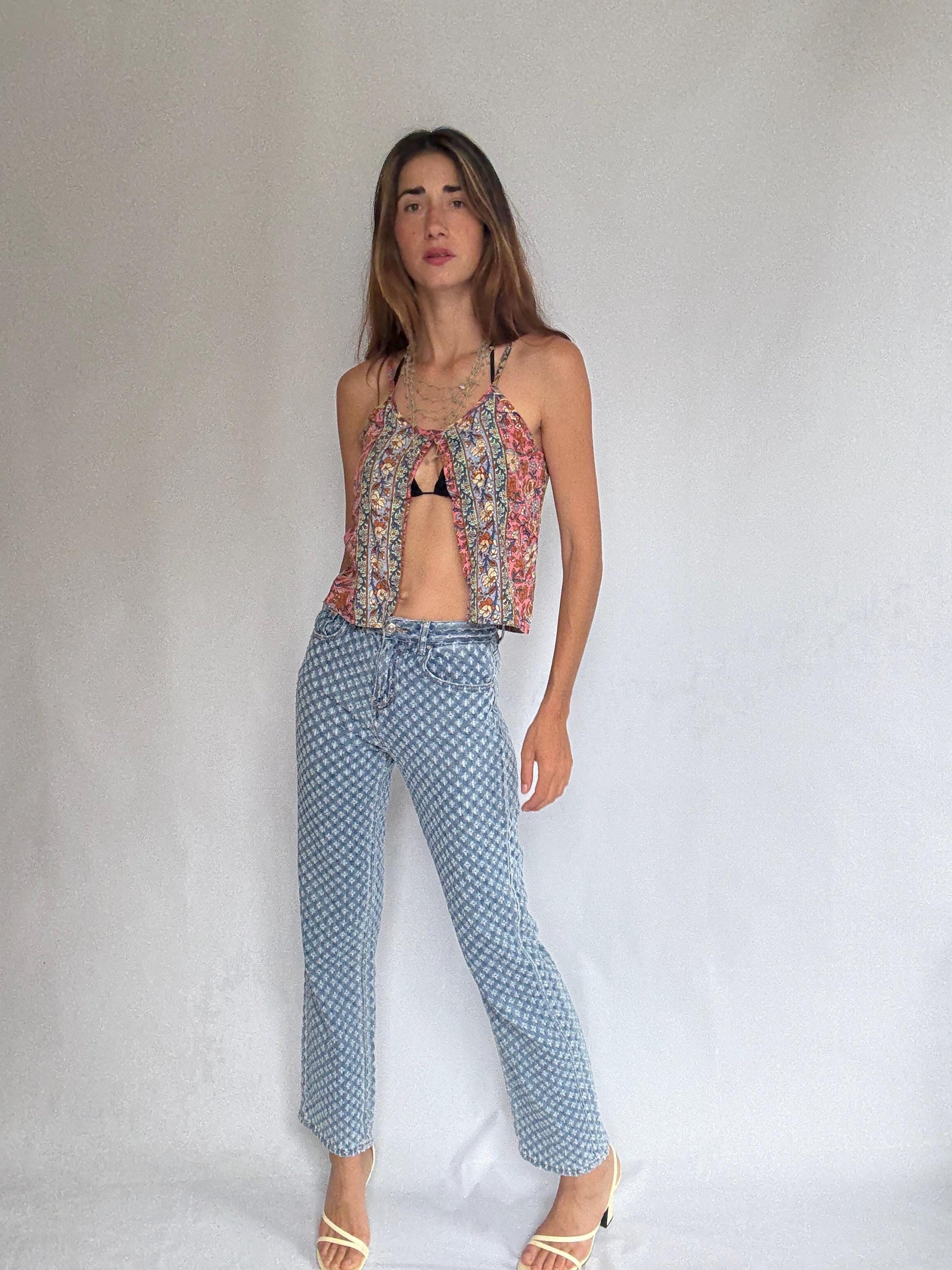 See See Paris textured denim jeans – light wash cotton blend with floral eyelet design, comfy everyday fit, straight leg, size M