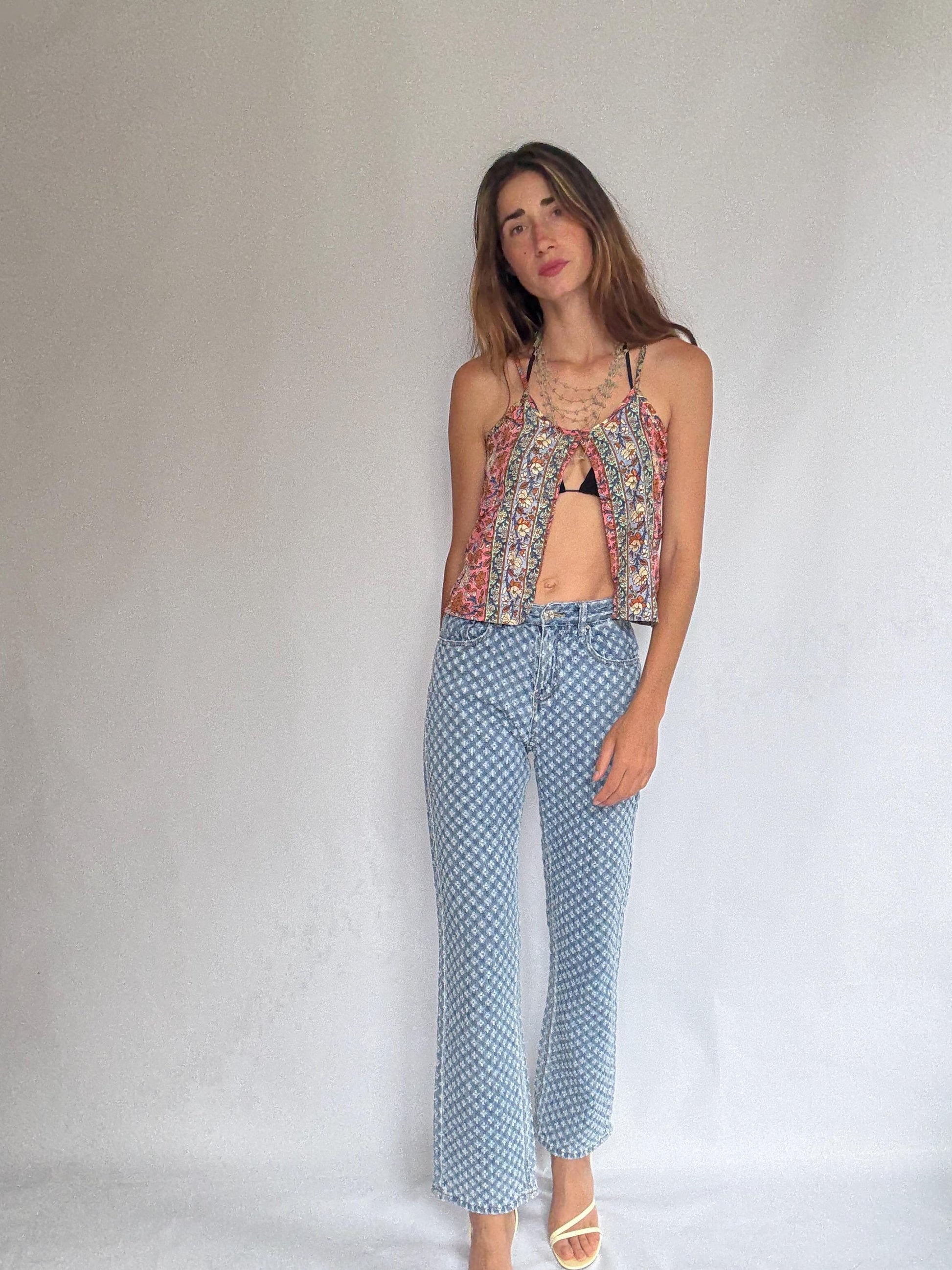 See See Paris textured denim jeans – light wash cotton blend with floral eyelet design, comfy everyday fit, straight leg, size M