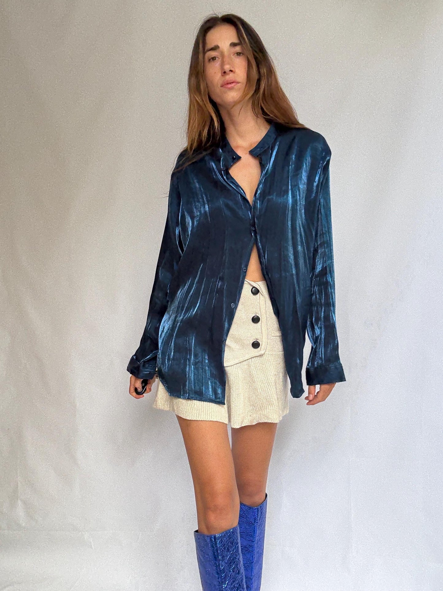 Vintage blue satin blouse by Peage Russo – fluid sheen button up – size 32 – flowy blouse, preppy outfit, special occasion