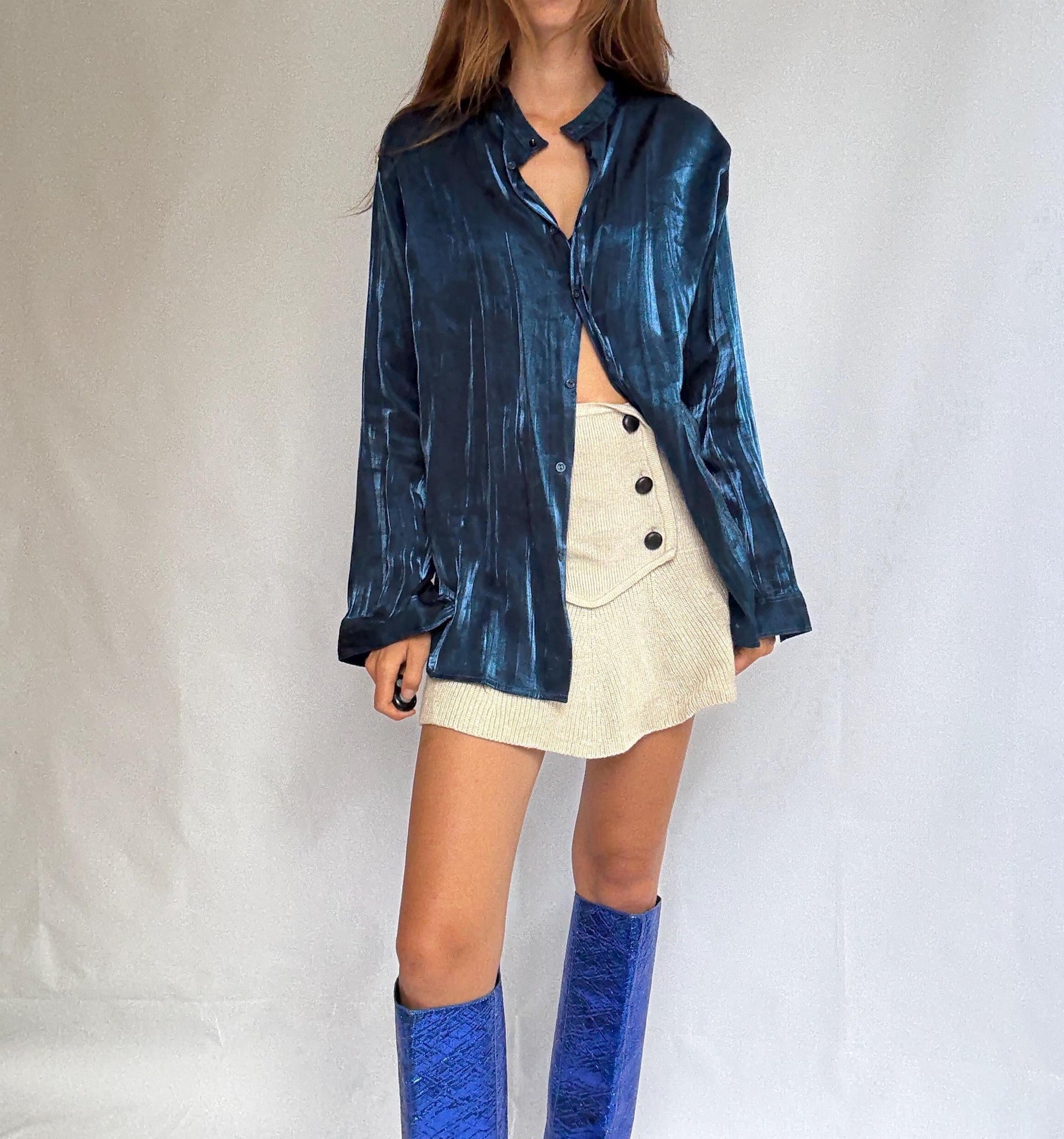 Vintage blue satin blouse by Peage Russo – fluid sheen button up – size 32 – flowy blouse, preppy outfit, special occasion