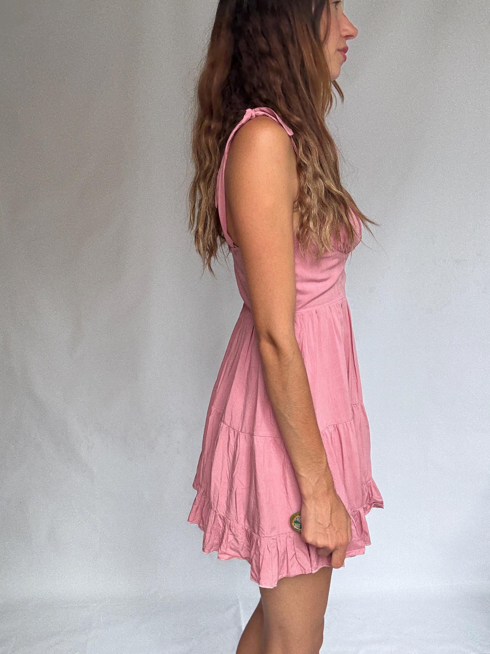 Pink 100% cotton mini dress with adjustable straps and back zip – ruffled hem summer dress with structured bust