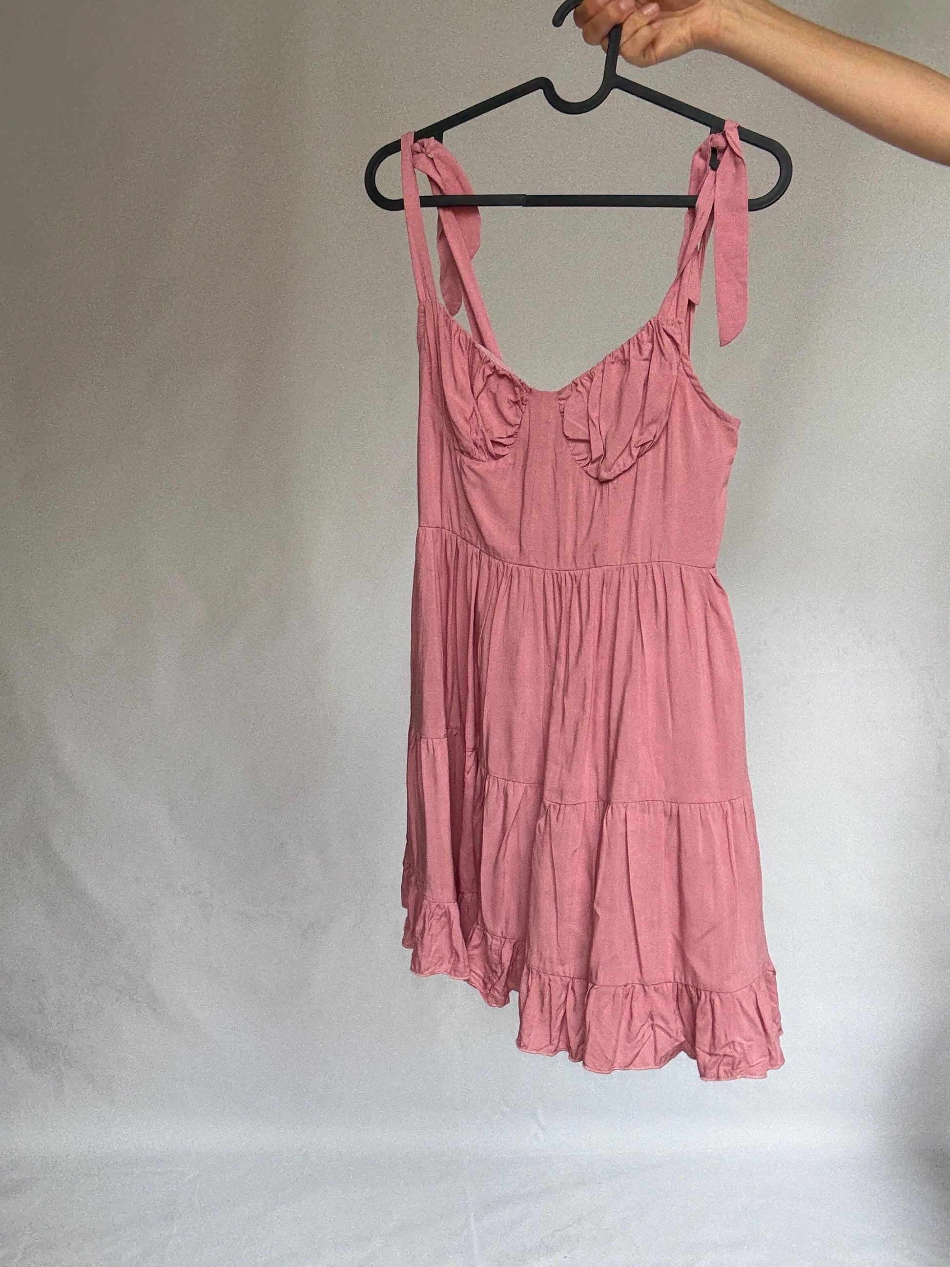 Pink 100% cotton mini dress with adjustable straps and back zip – ruffled hem summer dress with structured bust