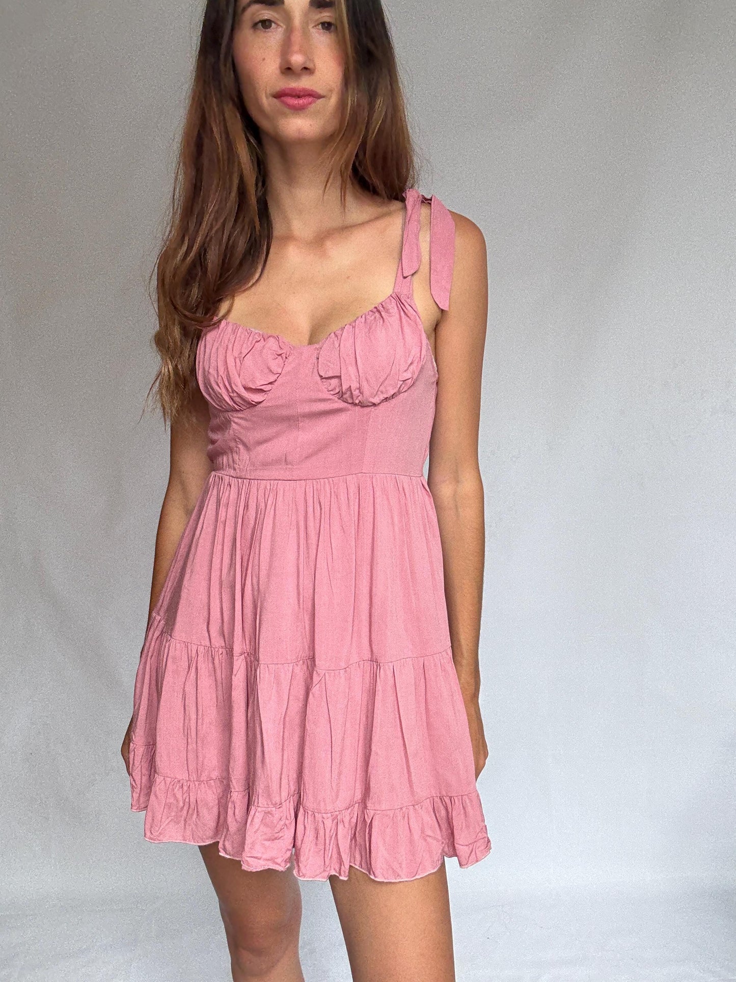 Pink 100% cotton mini dress with adjustable straps and back zip – ruffled hem summer dress with structured bust