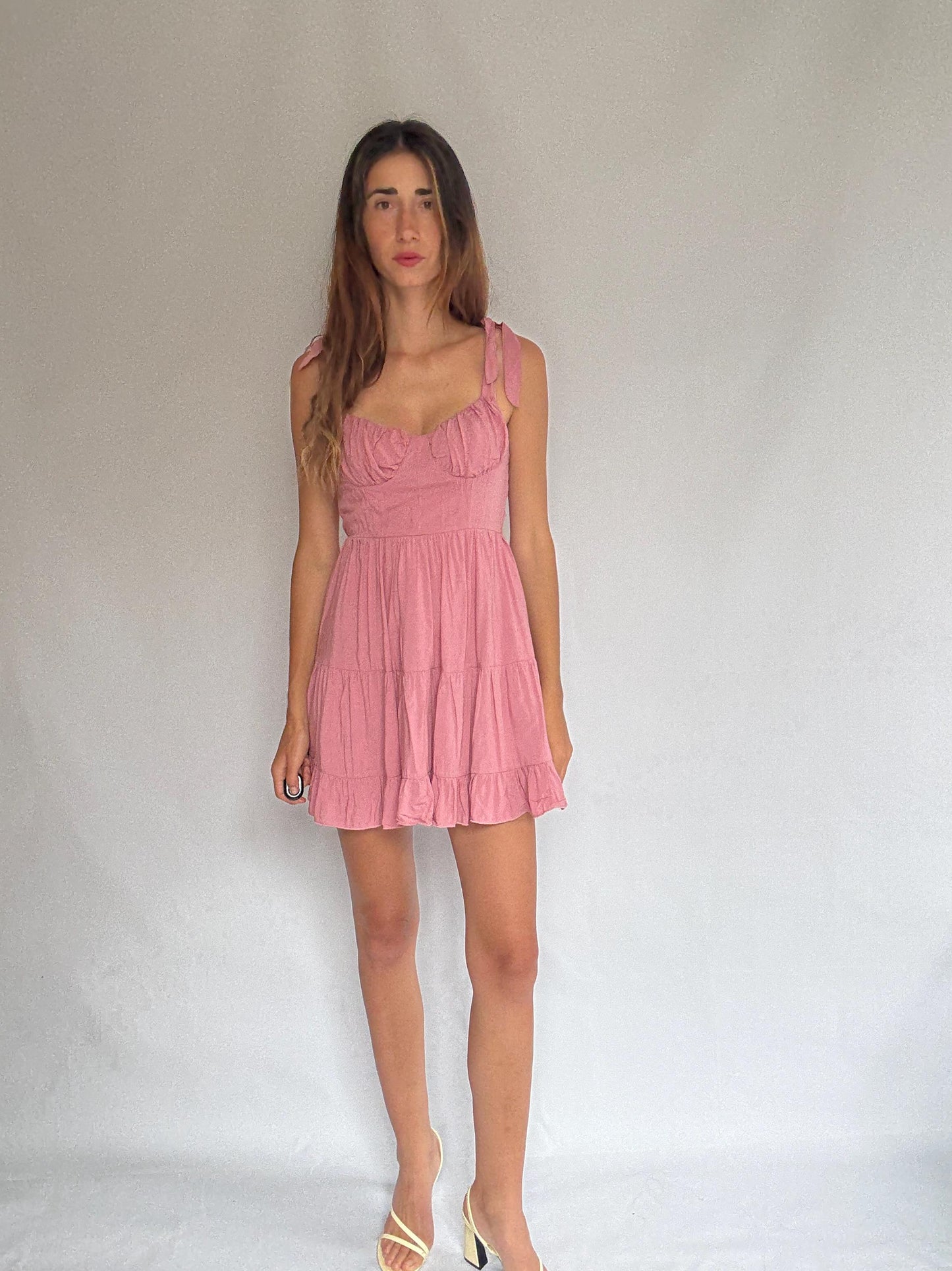 Pink 100% cotton mini dress with adjustable straps and back zip – ruffled hem summer dress with structured bust