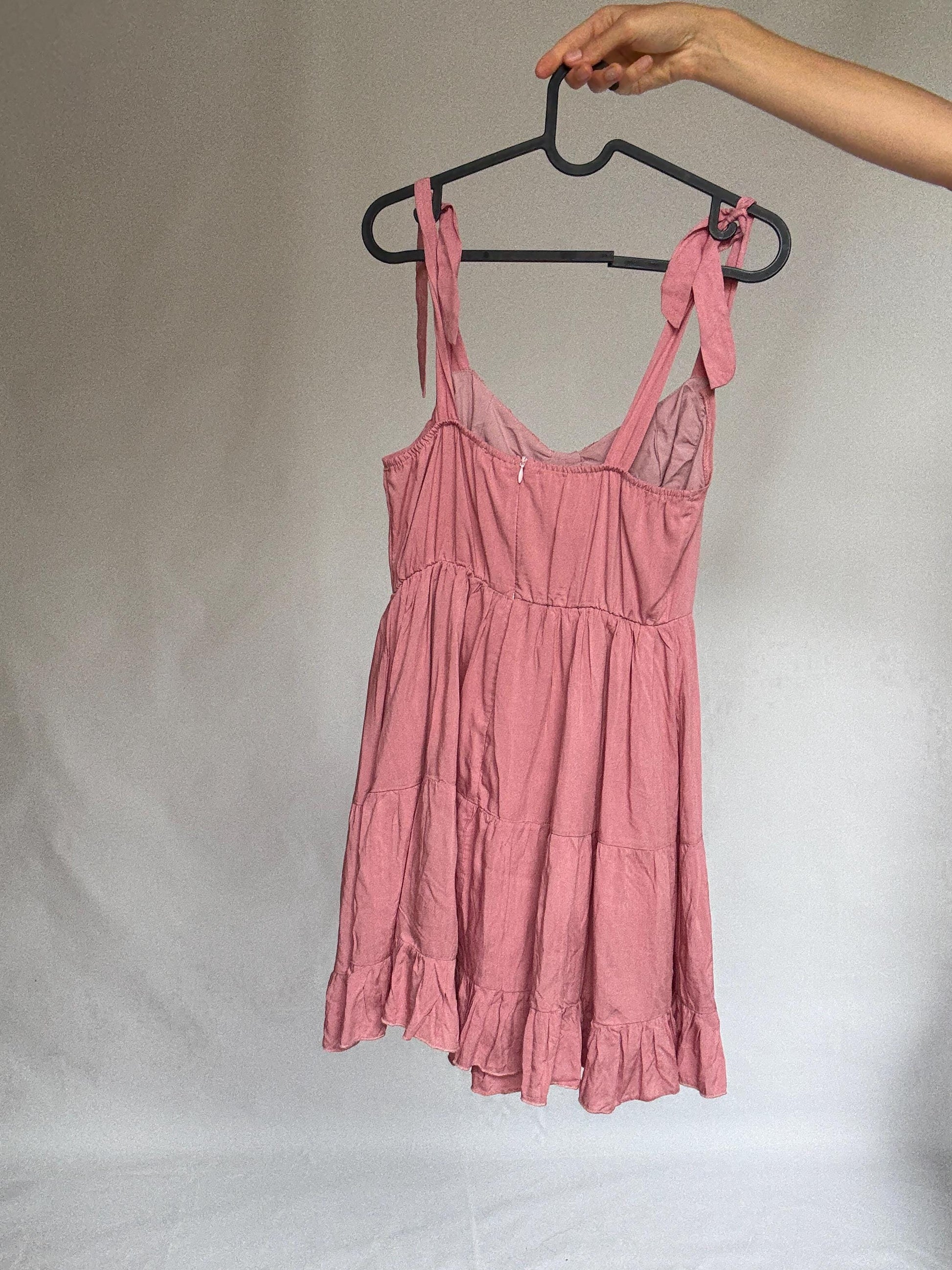 Pink 100% cotton mini dress with adjustable straps and back zip – ruffled hem summer dress with structured bust