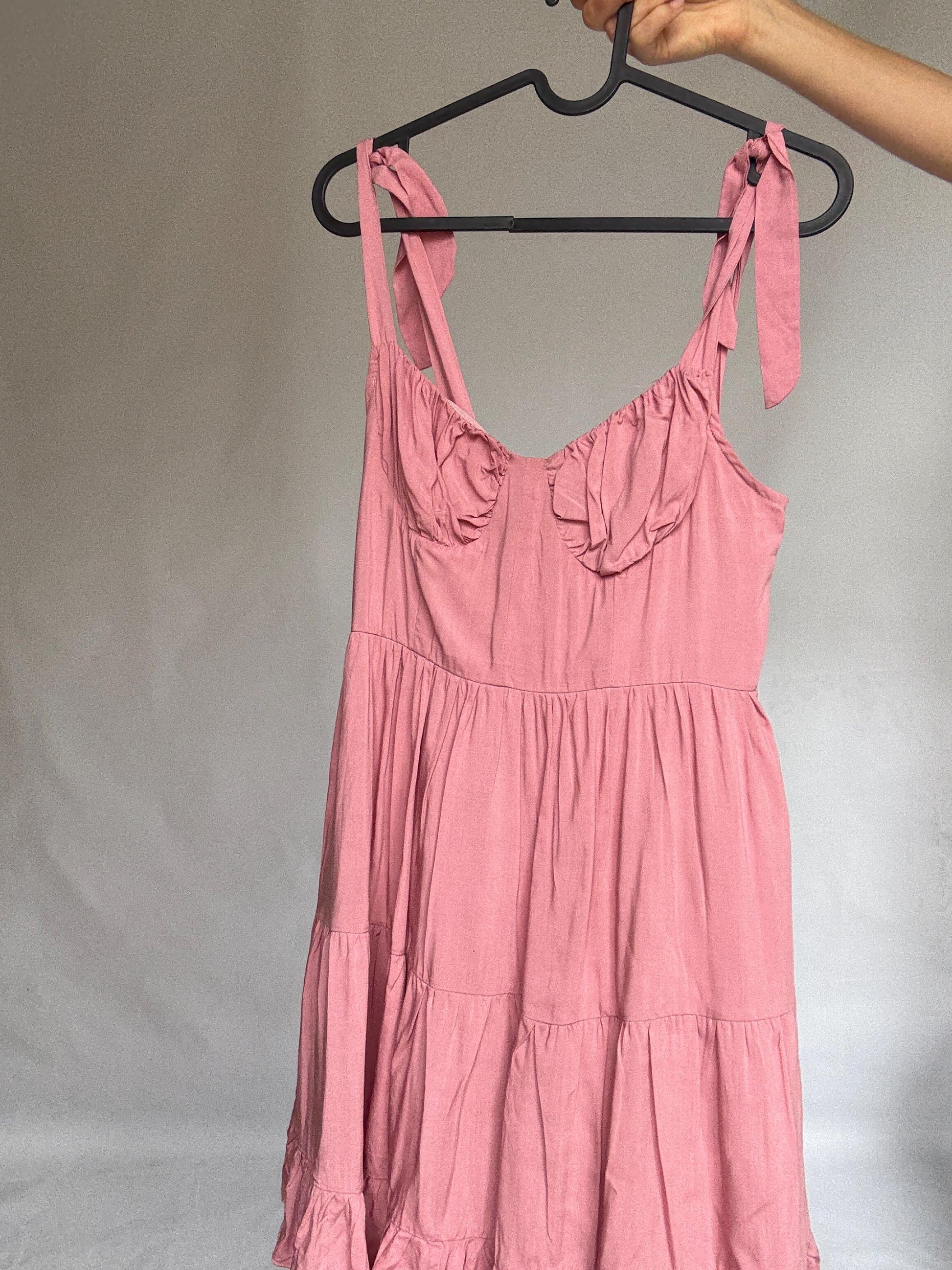 Pink 100% cotton mini dress with adjustable straps and back zip – ruffled hem summer dress with structured bust