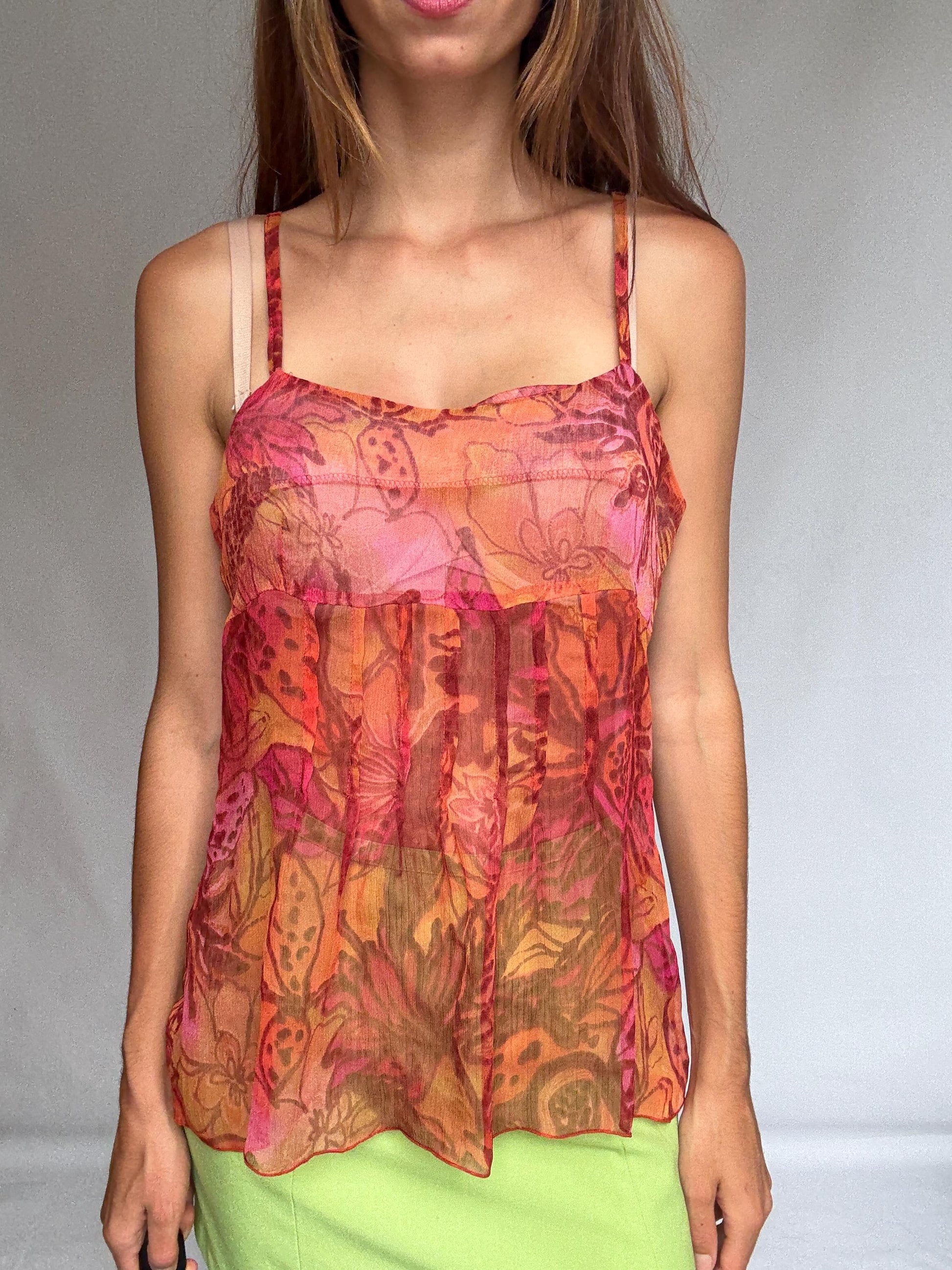 Sheer Floral Tank Top Patrice Bréal Size 42 – Sleeveless Flowy Blouse Pink Orange Tones Summer Layering Tee