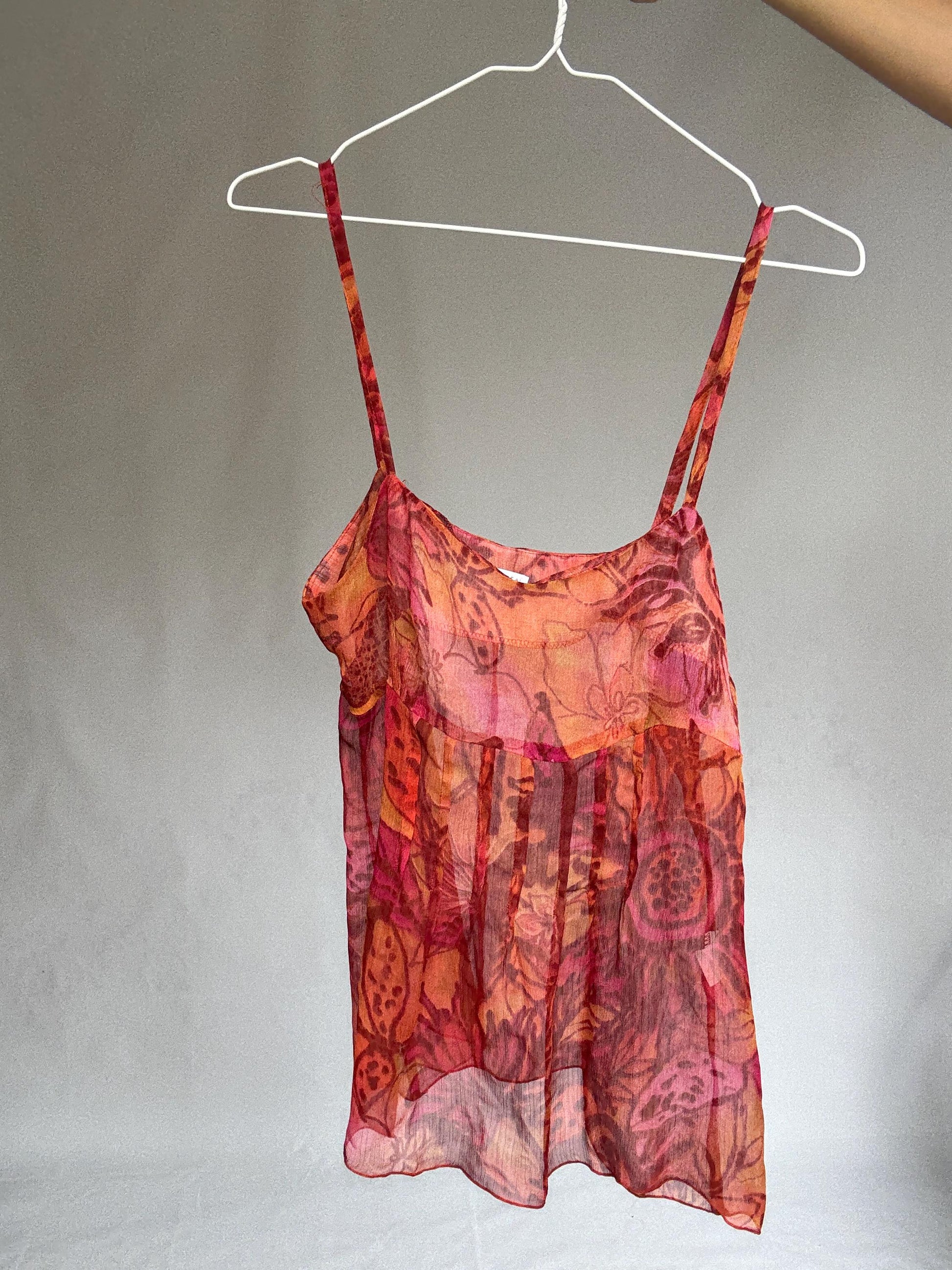 Sheer Floral Tank Top Patrice Bréal Size 42 – Sleeveless Flowy Blouse Pink Orange Tones Summer Layering Tee